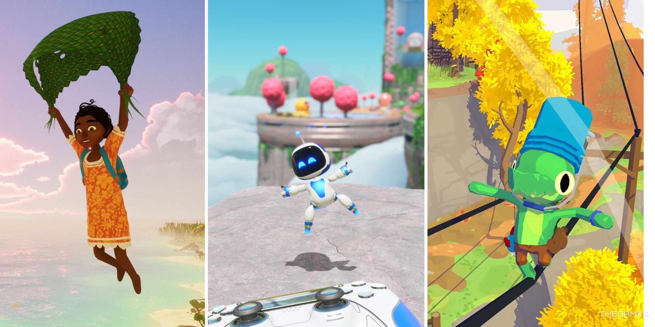 Collage of Tchia from Tchia gliding, Astro from Astro Bot jumping, and the protagonist from Lil Gator Game balancing.