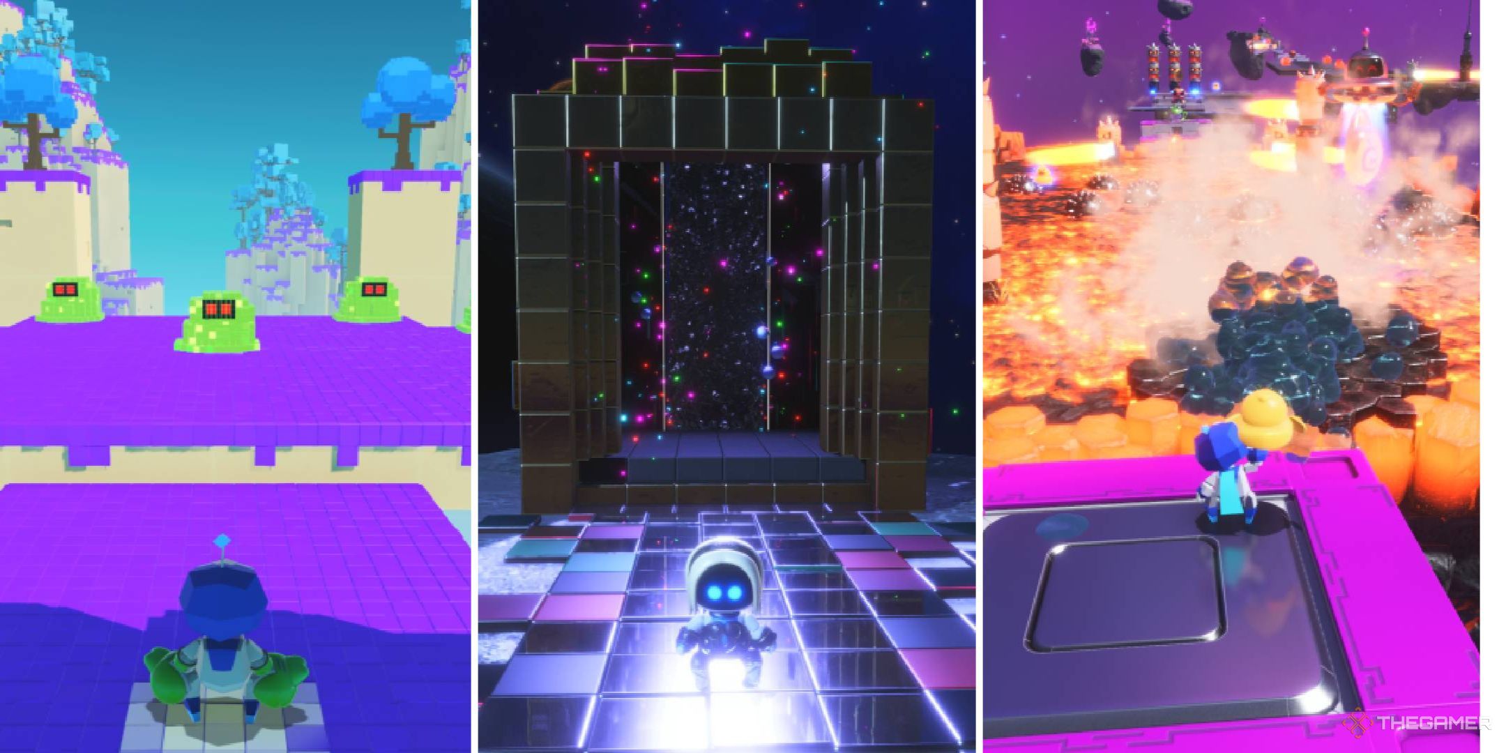 Collage of Astro Bot standing at the start of Retro Rampage 5, Splashing Sprints, and Great Master Challenge.