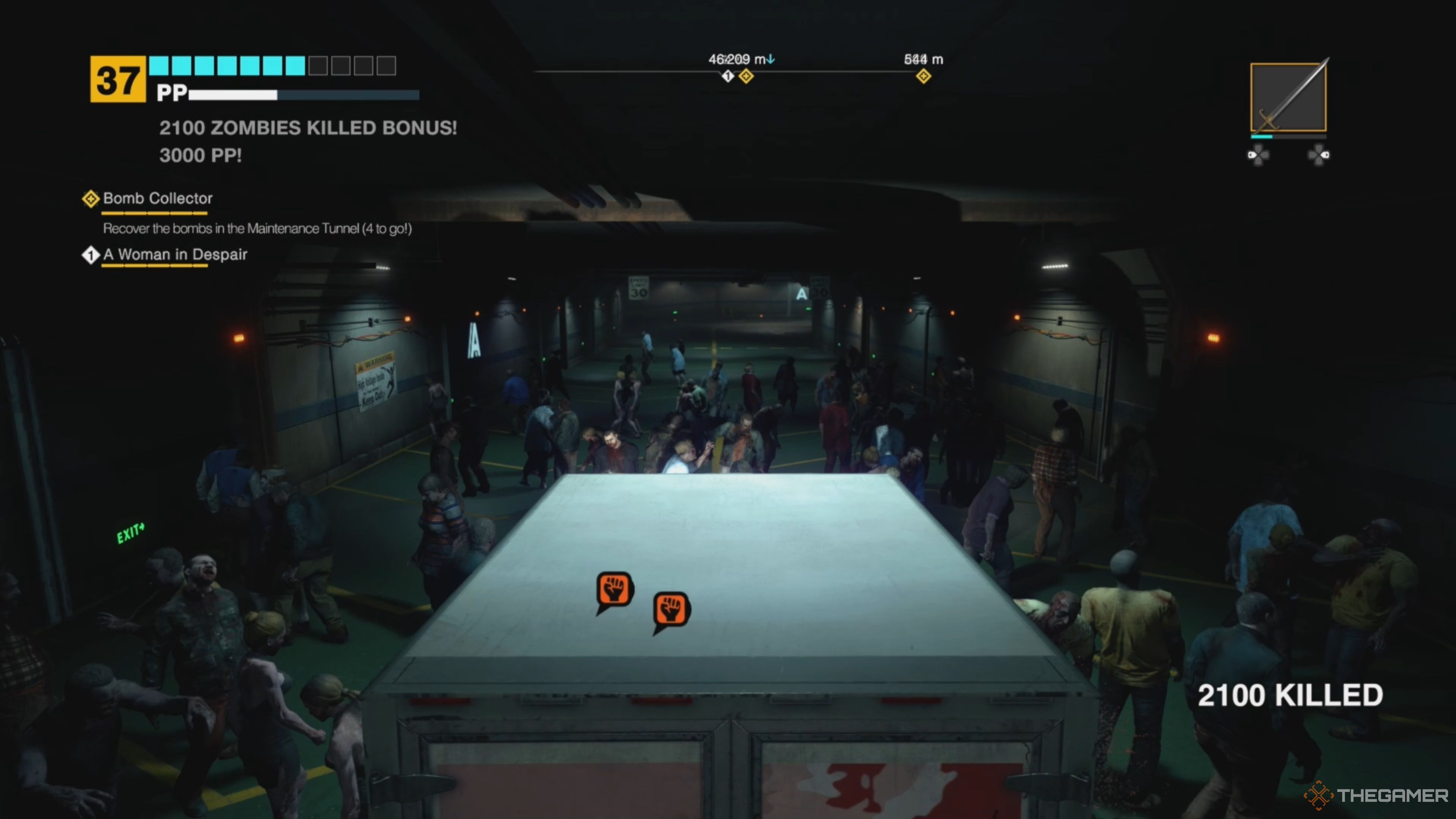 Frank West driving an ambulance through a massive hoard of zombies in the Maintenance Tunnel in Dead Rising Deluxe Remaster.