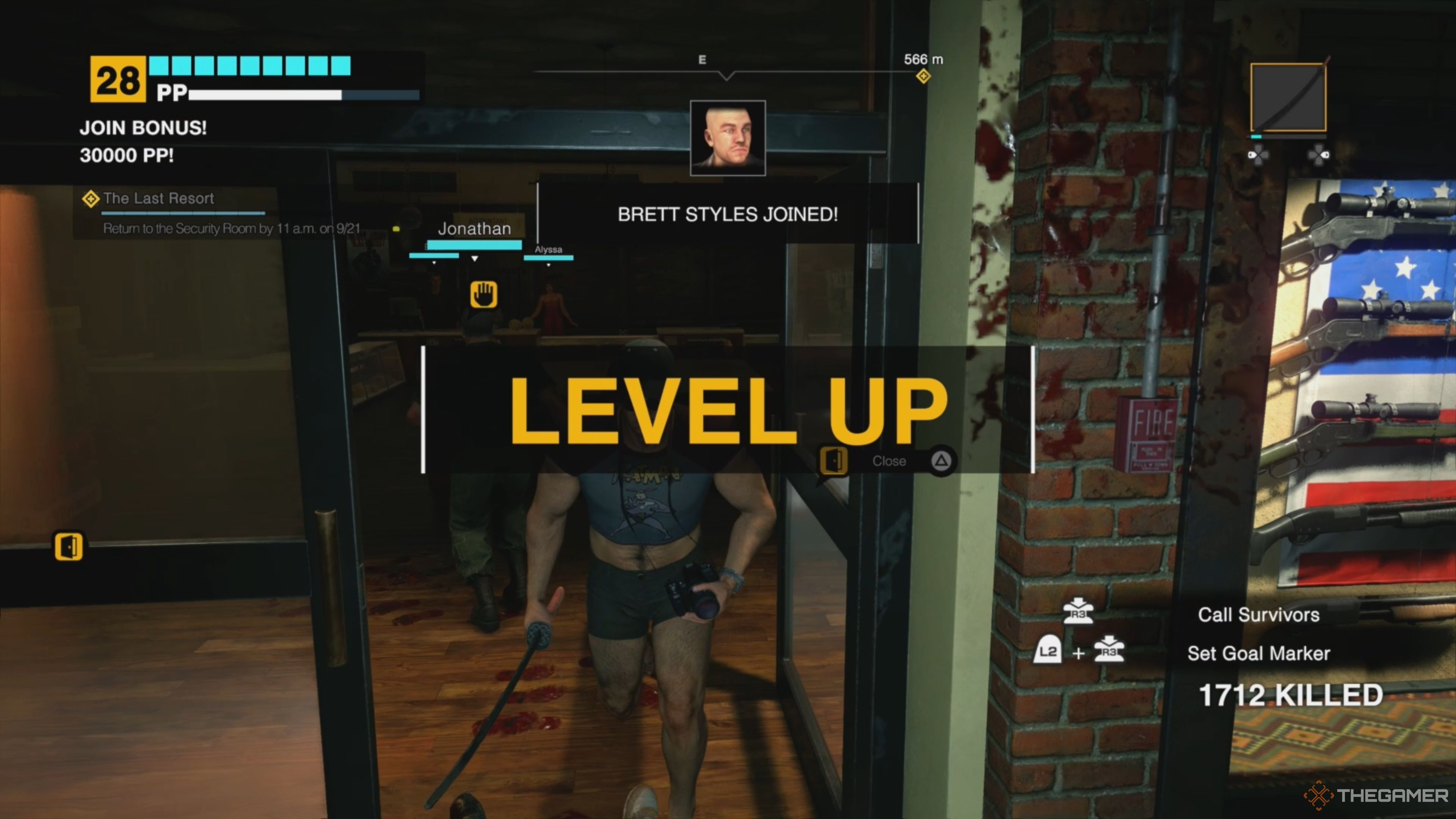 Frank West Leveling Up after recruiting Survivors to his party to bring them back to the Security Room to save them in Dead Rising Deluxe Remaster.