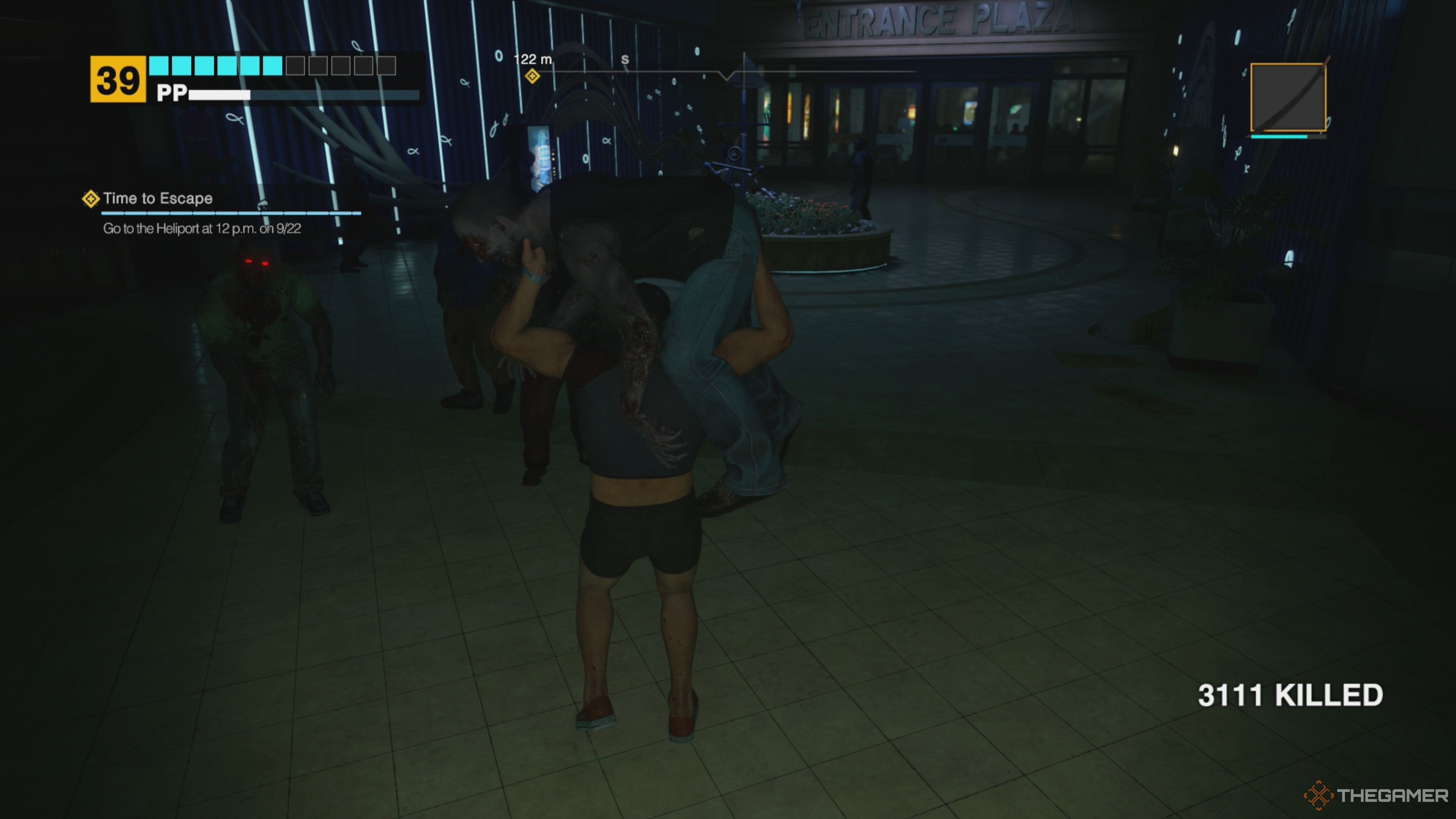Frank West lifting a zombie up over his head before hurling it at another zombie in Dead Rising Deluxe Remaster.