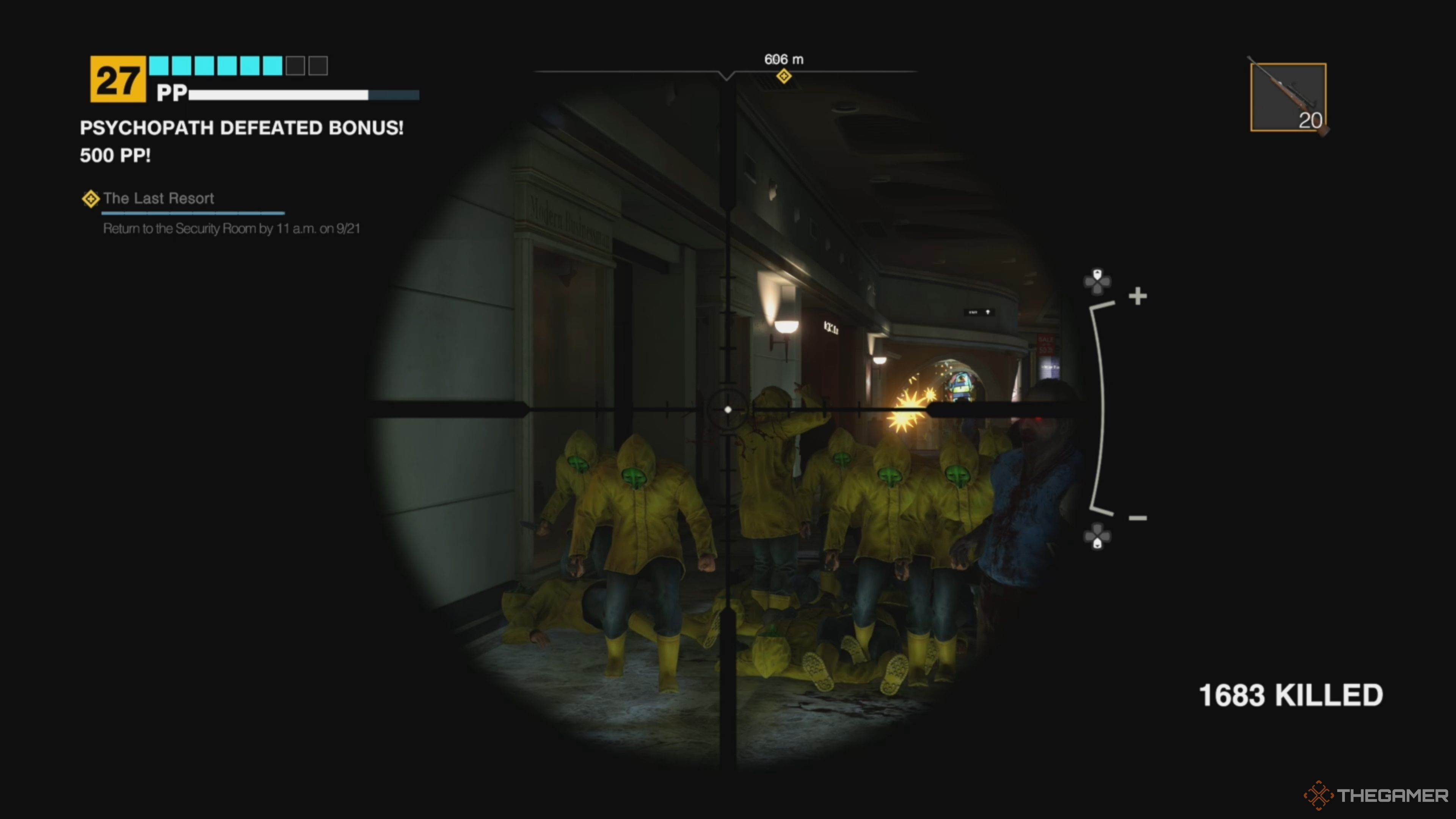 Frank West picking off members of the Raincoat Cult with a Sniper Rifle in Dead Rising Deluxe Remaster.
