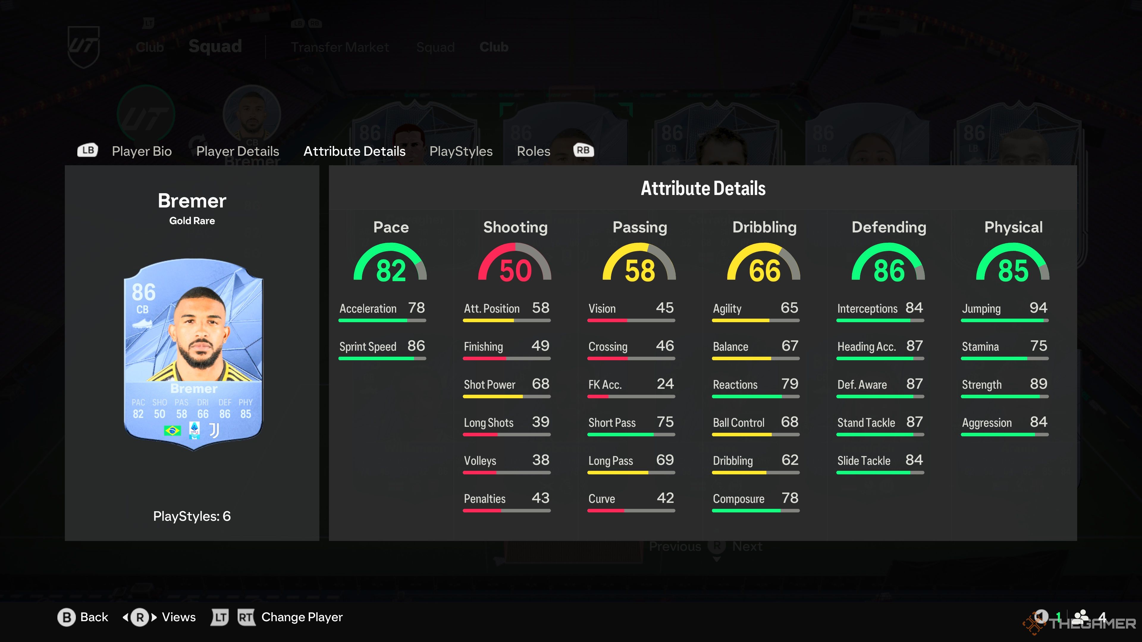 Gleison Bremer's gold card attributes in EA Sports FC 25.