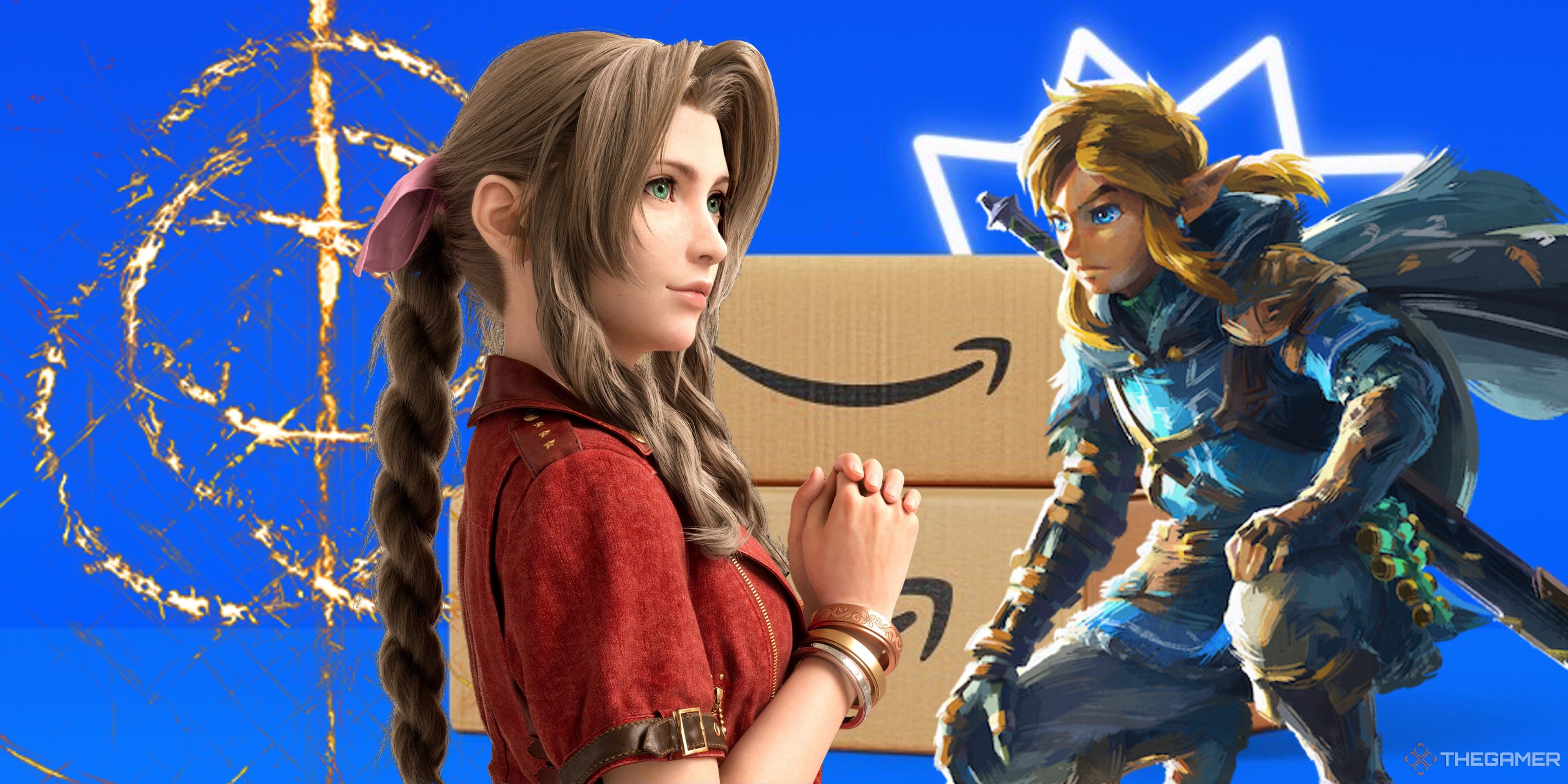 elden ring symbol aerith and link in front of some amazon boxes