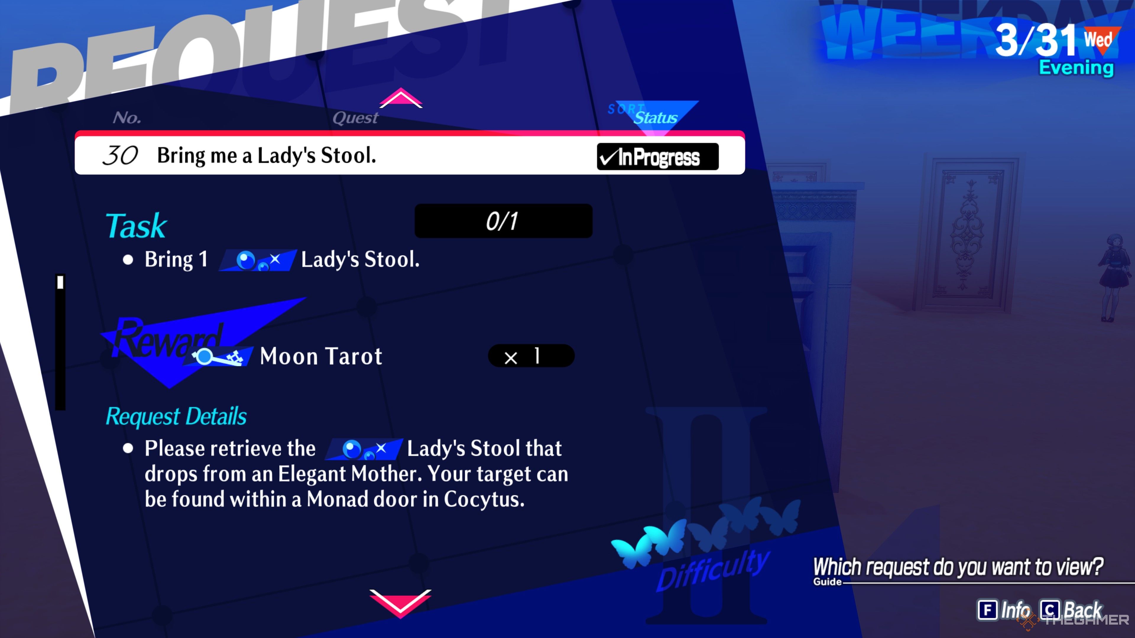 Elizabeth giving the quest for a Lady&rsquo;s Stool to get a Persona 3 Reload Major Arcana card in Episode Aigis.