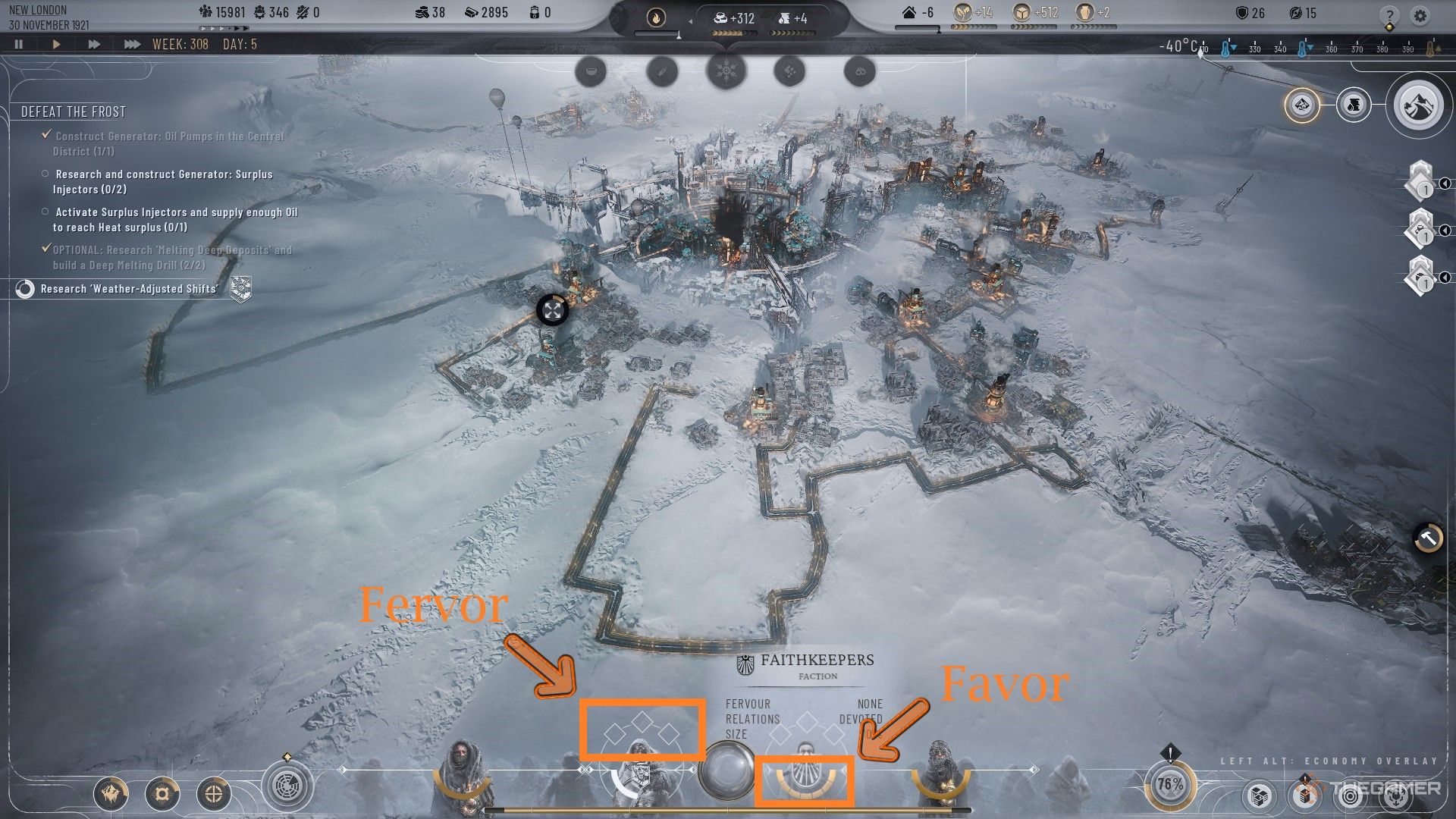 فلش ها و کادرها نشان دهنده تفاوت Favor و Fervor در Frostpunk 2 هستند.