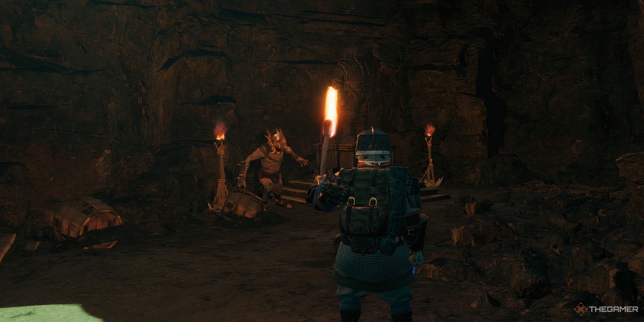 Player dwarf encountering a hostile orc in the Mines of Moria in The Lord Of The Rings: Return To Moria.