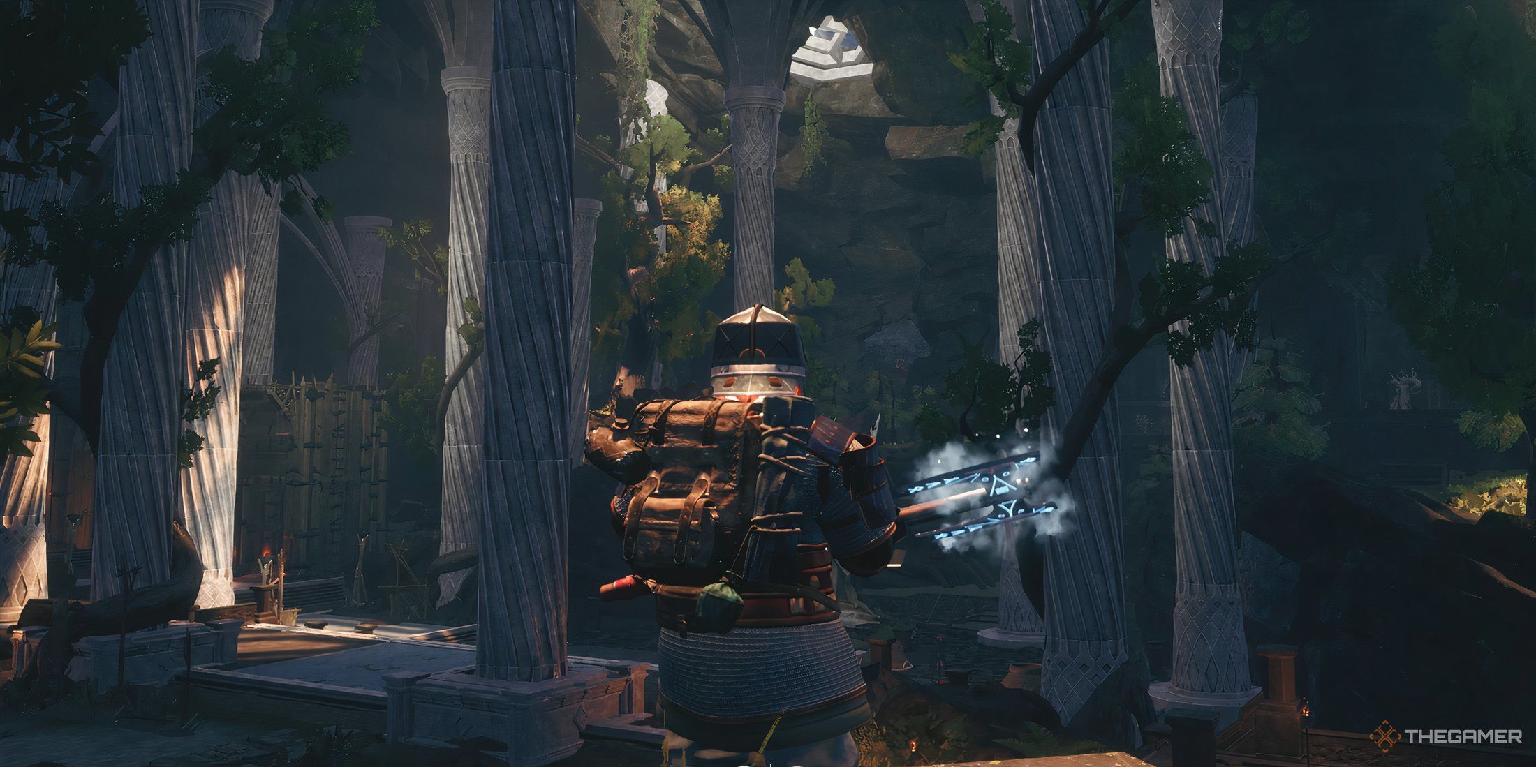 Player dwarf is wielding a battleaxe and carrying an Adventurer&rsquo;s Pack in The Lord Of The Rings: Return To Moria.