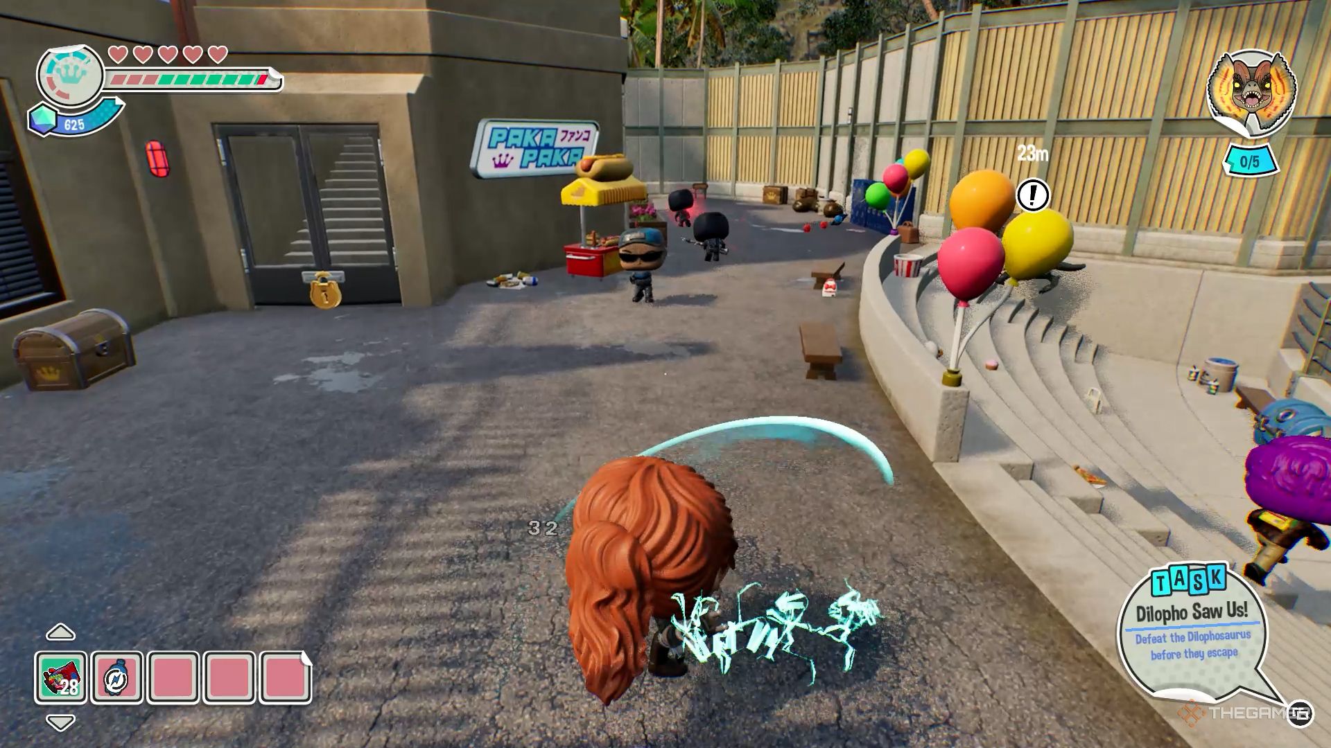 Claire Dearing is chasing a red glowing ninja in Dilapho Saw Us chapter in Funko Fusion.
