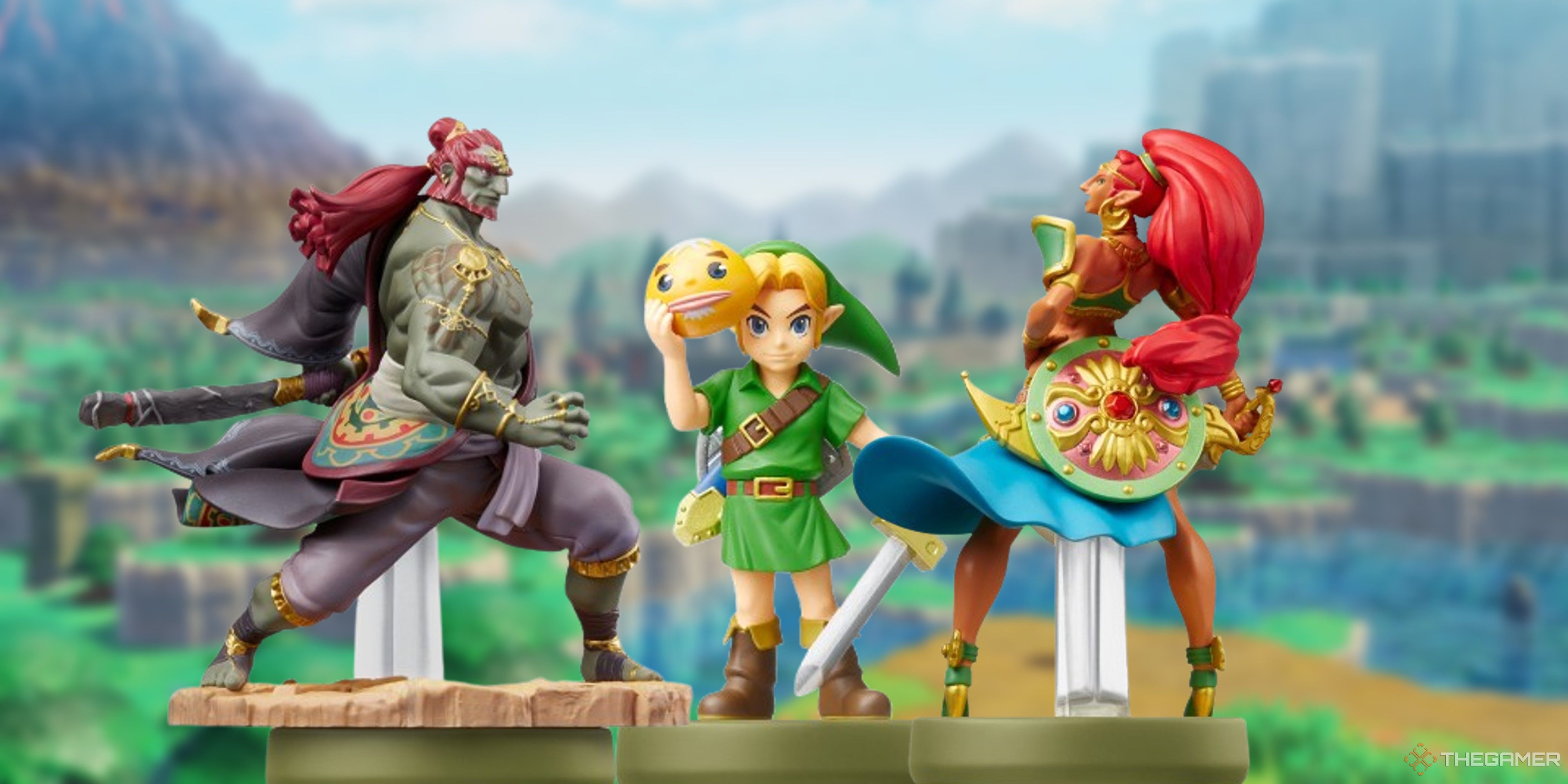 ganondorf majora's mask link and urbosa amiibo on an echoes of wisdom background