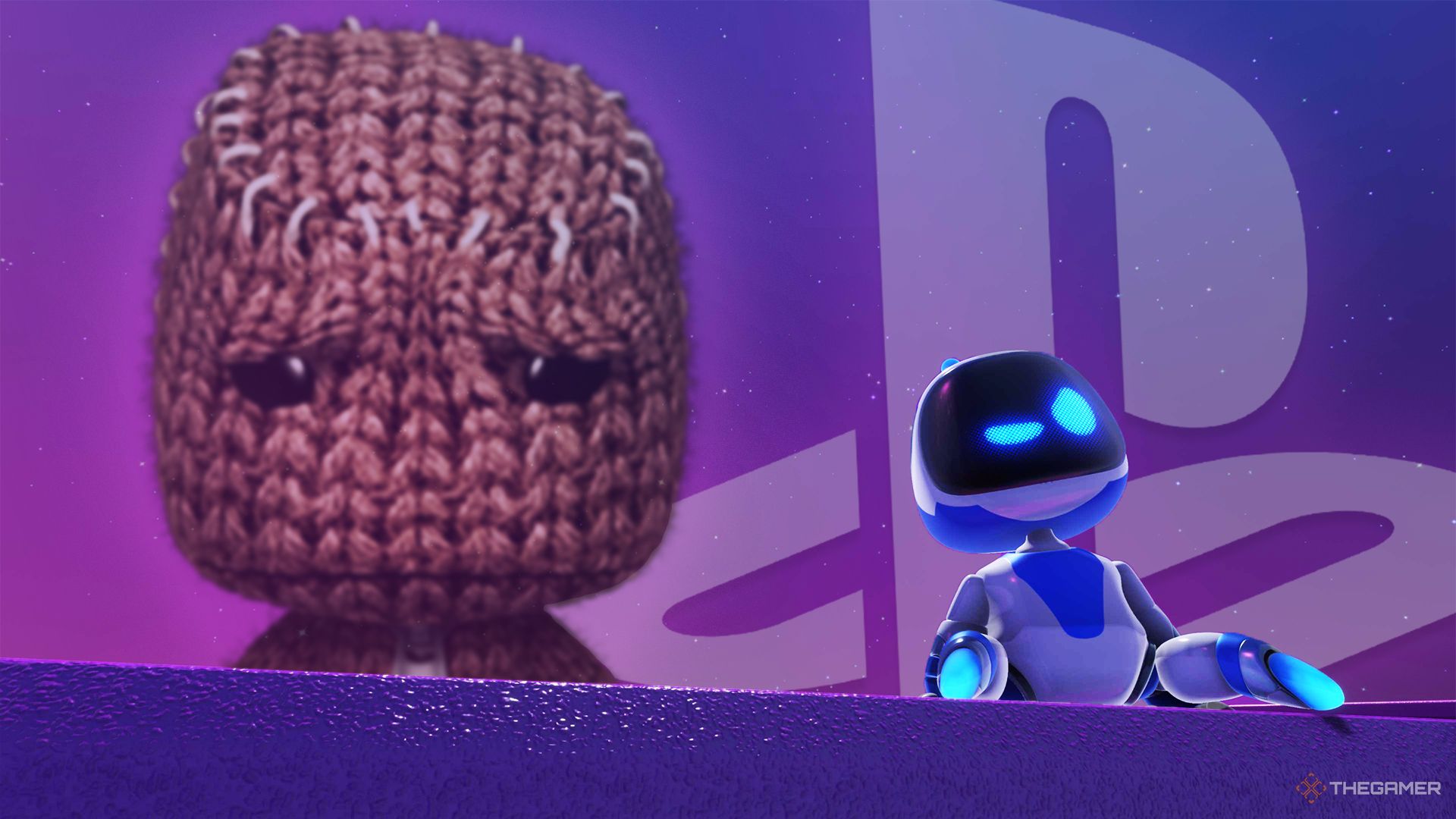 Sackboy looking sad with Astro bot sat in the foreground and the playstation logo behind