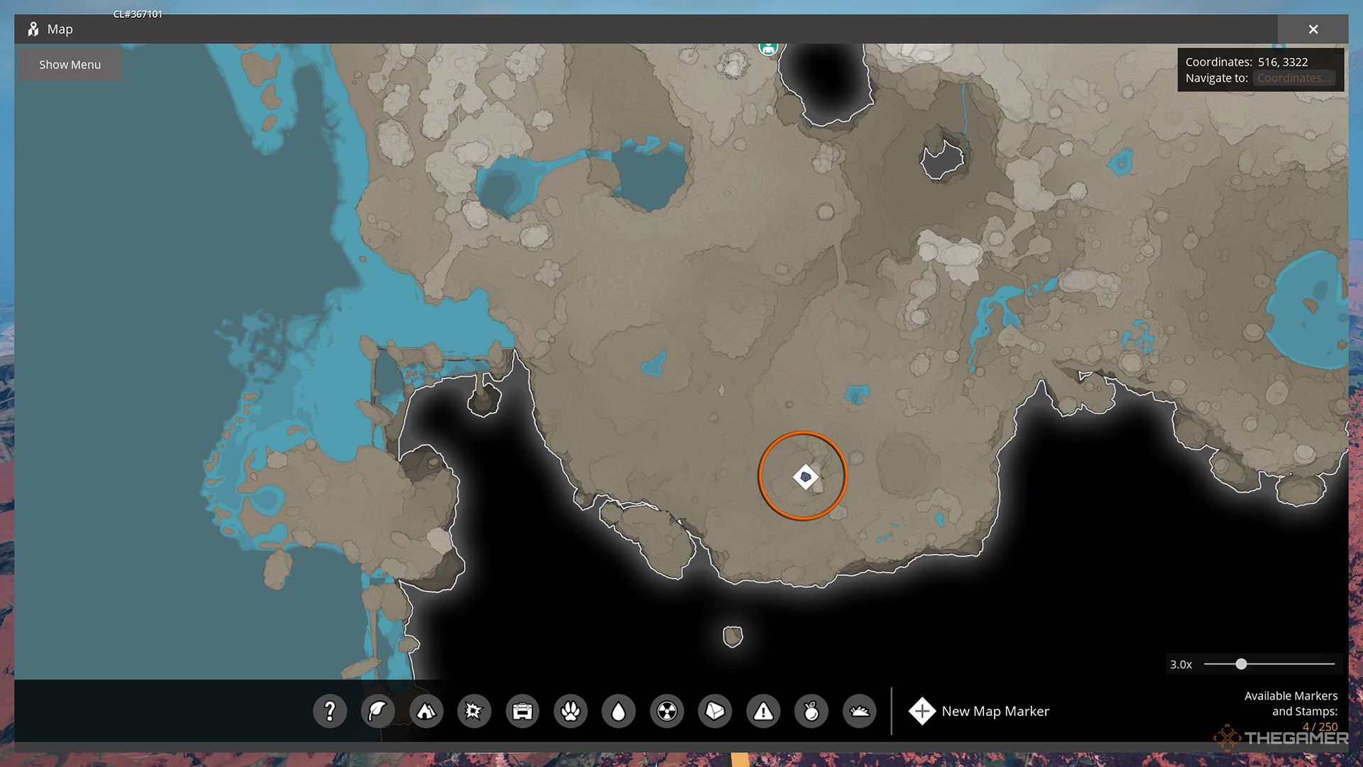 Location of a SAM node marked on the map with an orange circle in the Grass Plains.