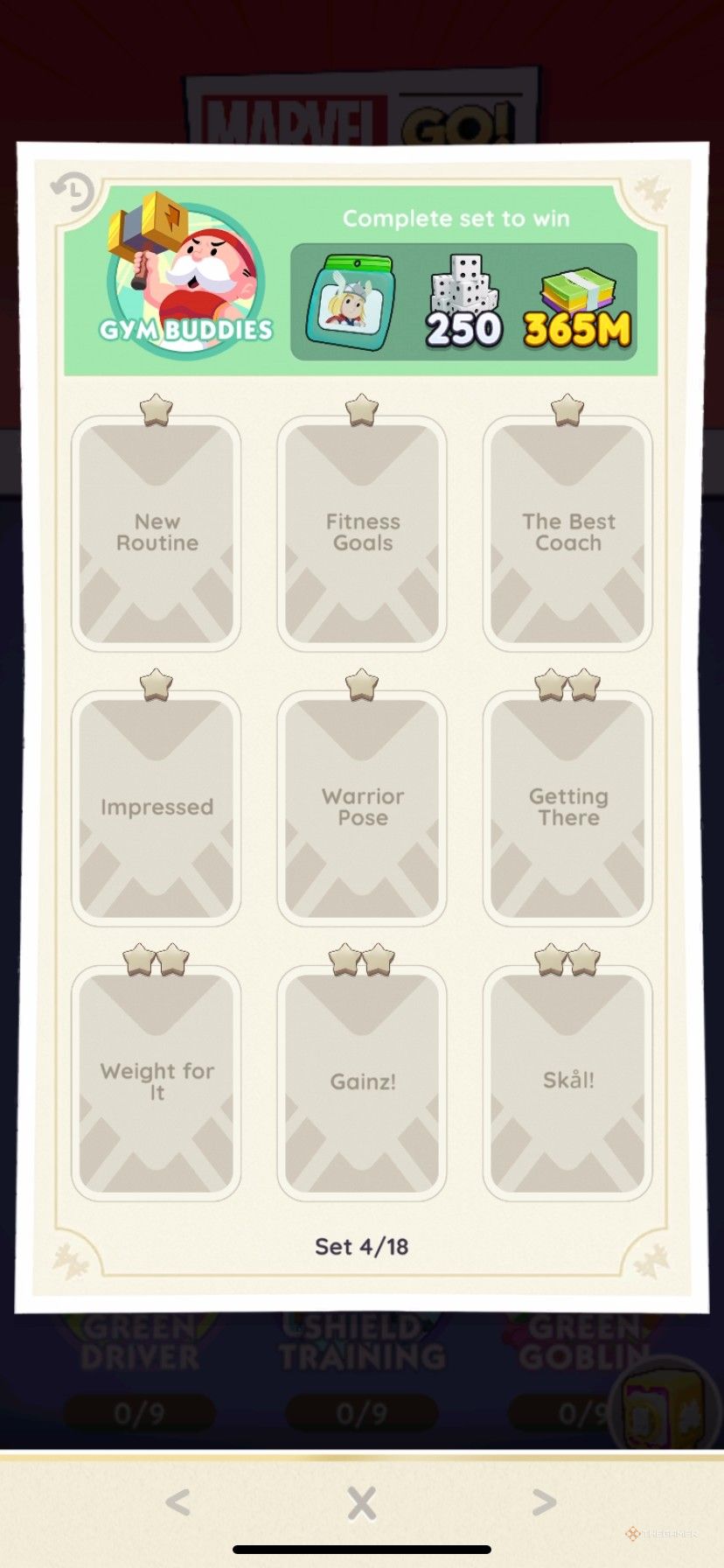Gym Buddies sticker album in Monopoly Go in Marvel Go.
