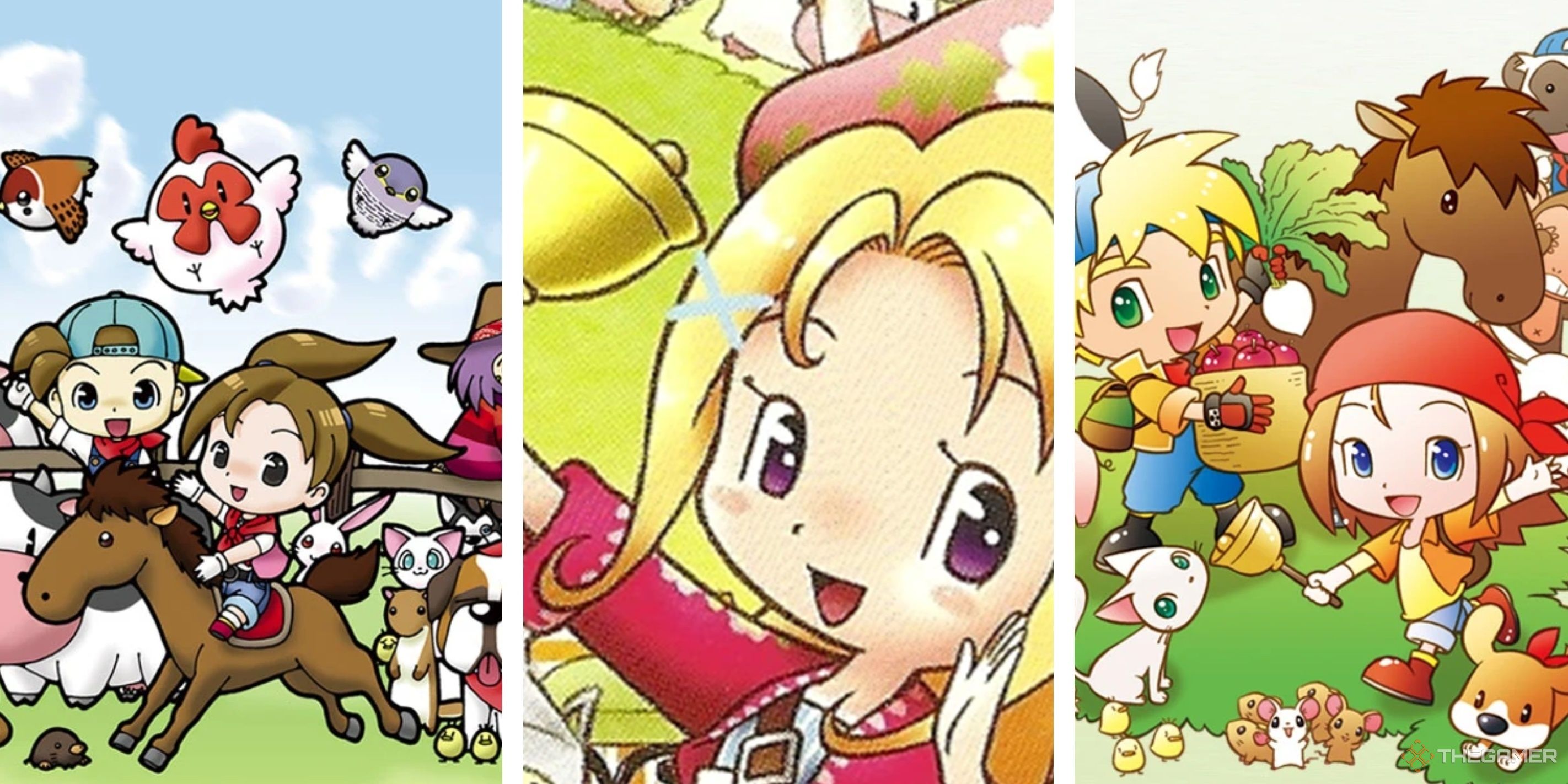 Harvest Moon collage with characters from Magical Melody, Grand Bazaar, and Sunshine Islands.