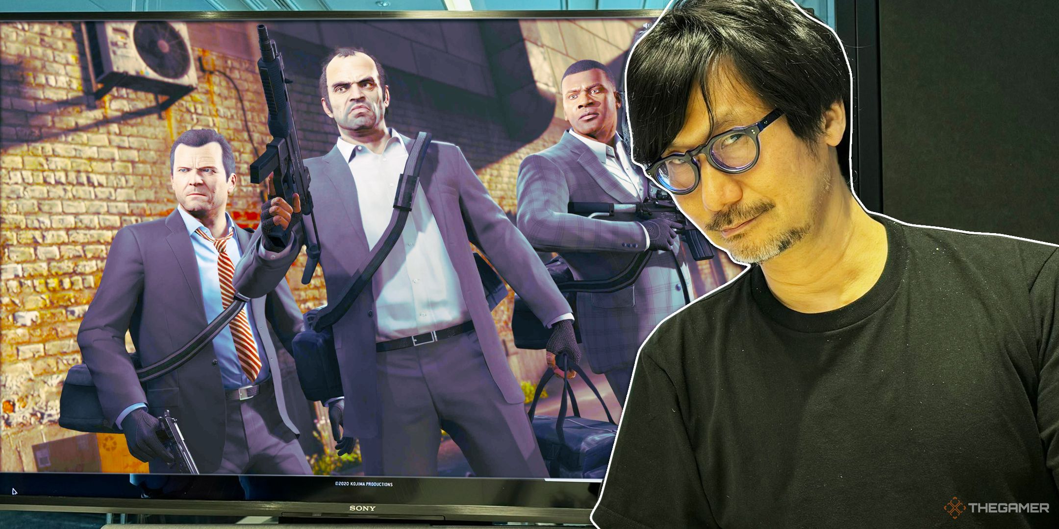 Hideo Kojima next to a screenshot of GTA