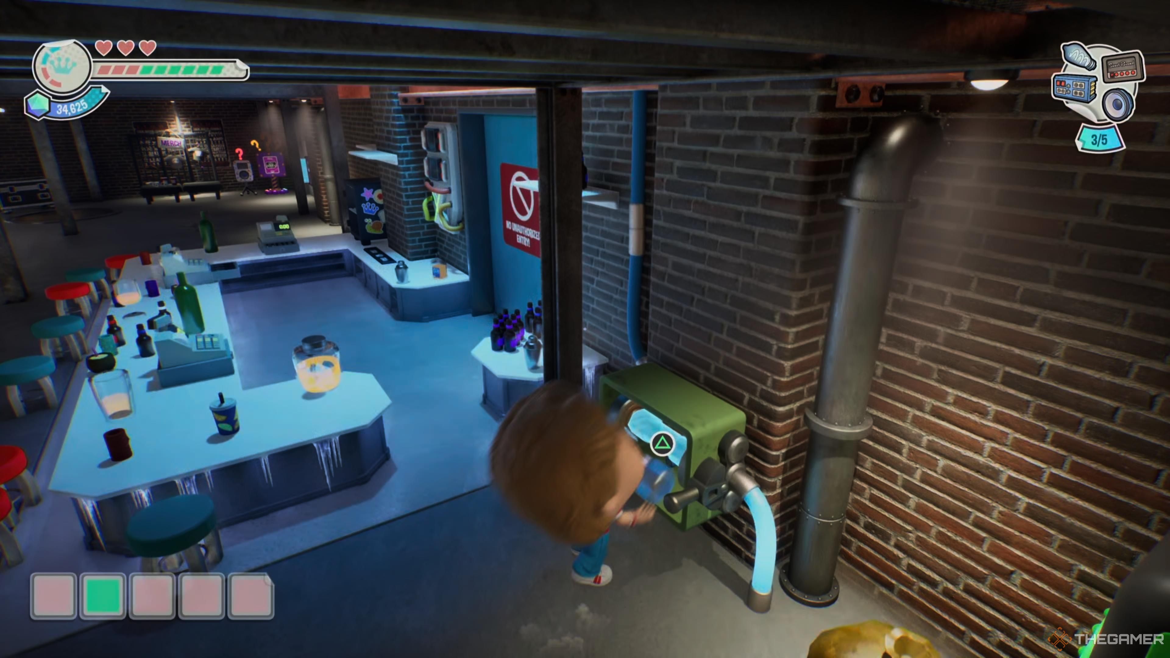 Scott Pilgrim places the fuse in the fuse box next to a minibar in Funko Fusion.