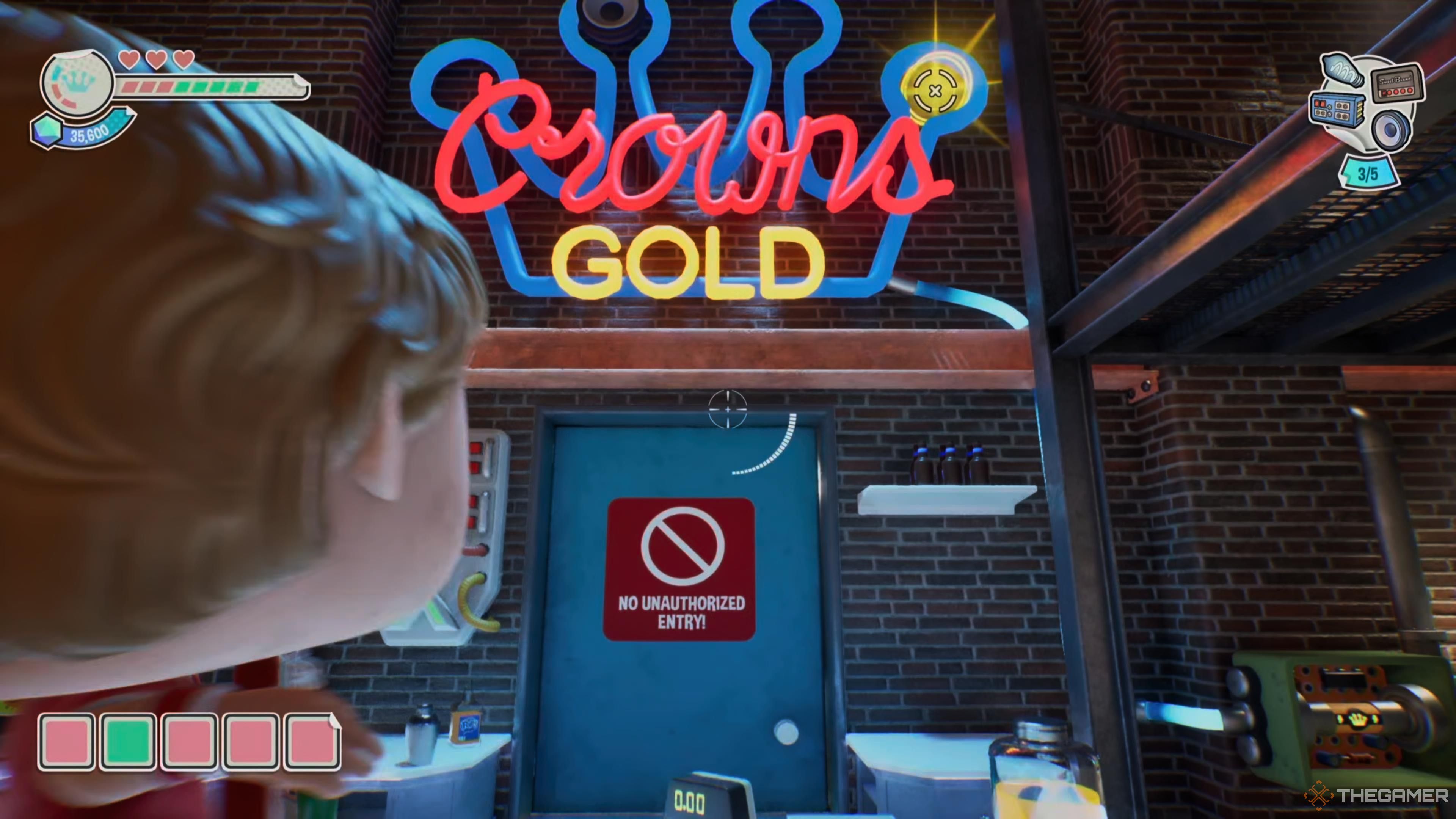 For Scott Pilgrim in Funko Fusion, the Crowns Gold sign lights up above the minibar.