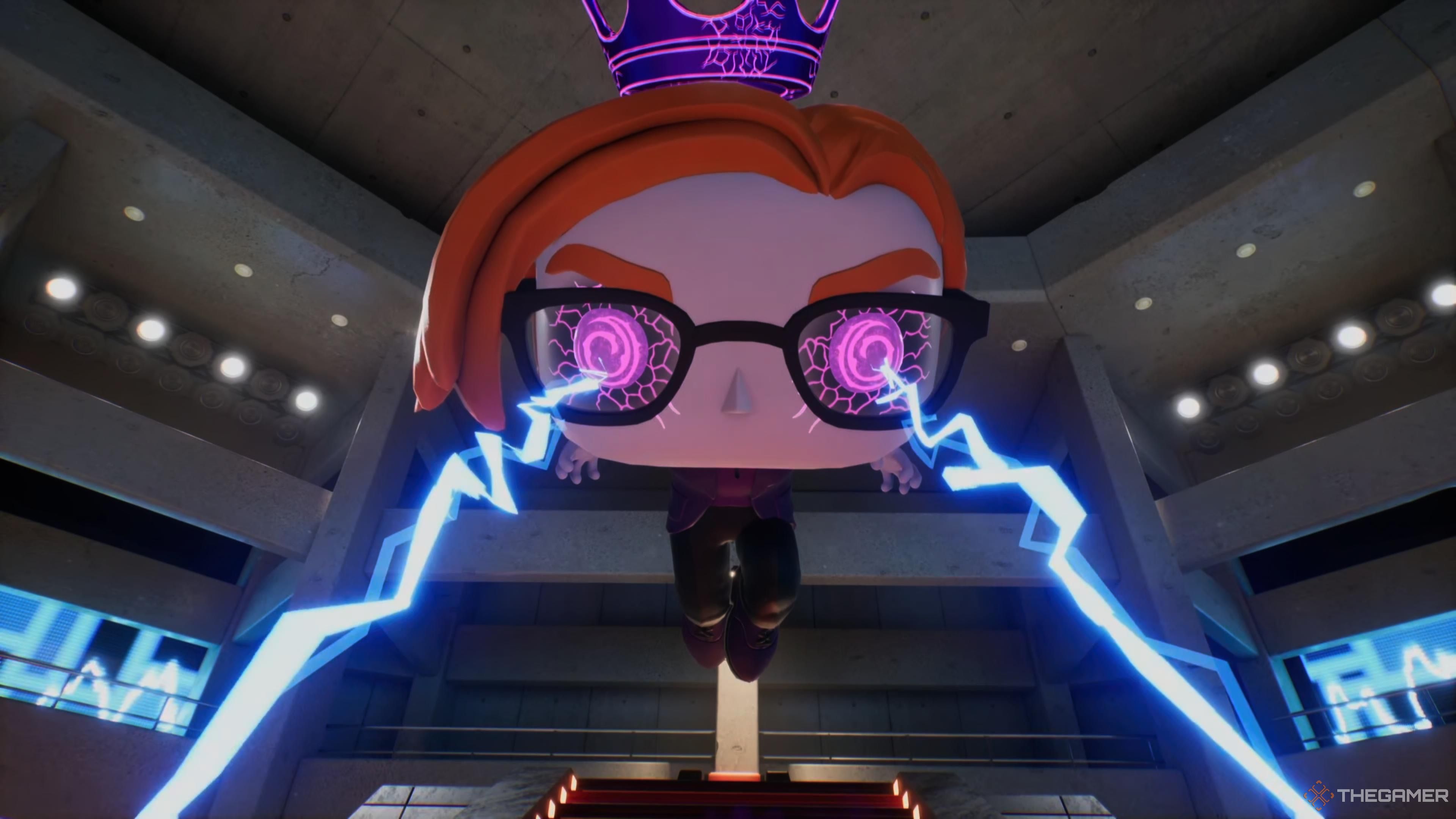 Gideon possessed by Eddy shoots electricity from his eyes as he floats in the air in Funko Fusion.