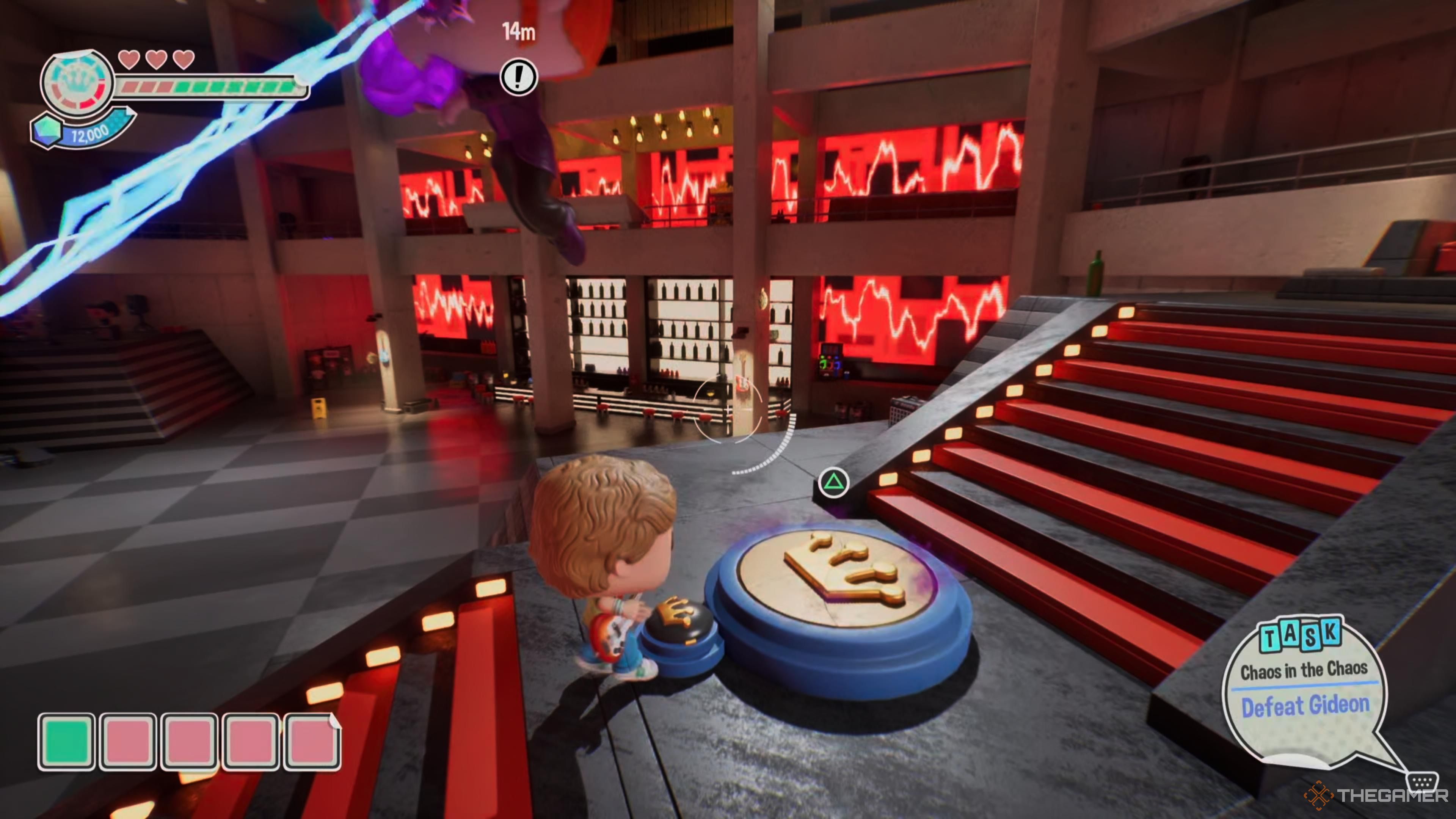 Scott Pilgrim pressing the crown button on the floor during the Gideon boss fight in Funko Fusion.
