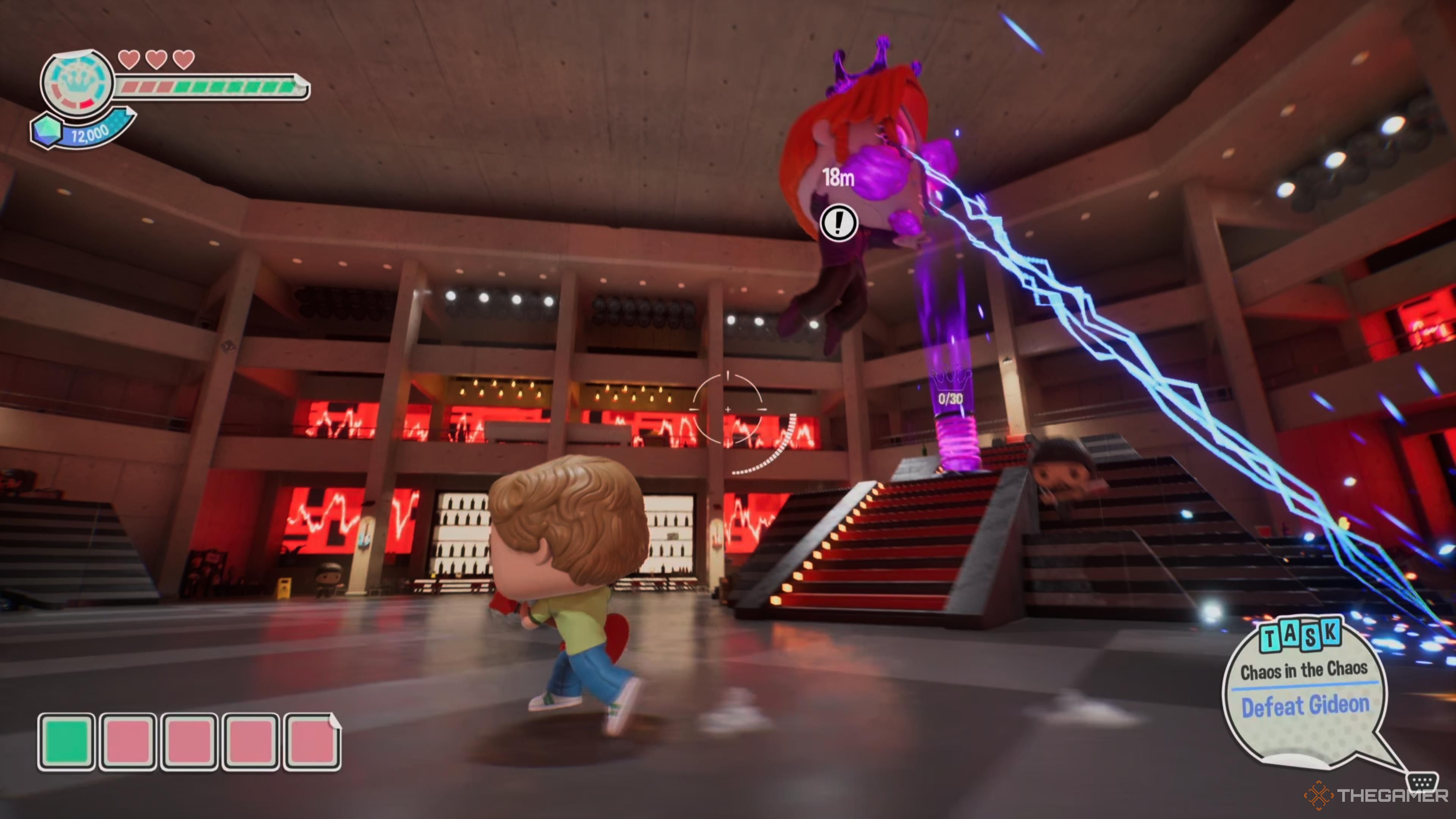 Gideon shooting lasers across the room as Scott Pilgrim runs for cover in Funko Fusion.