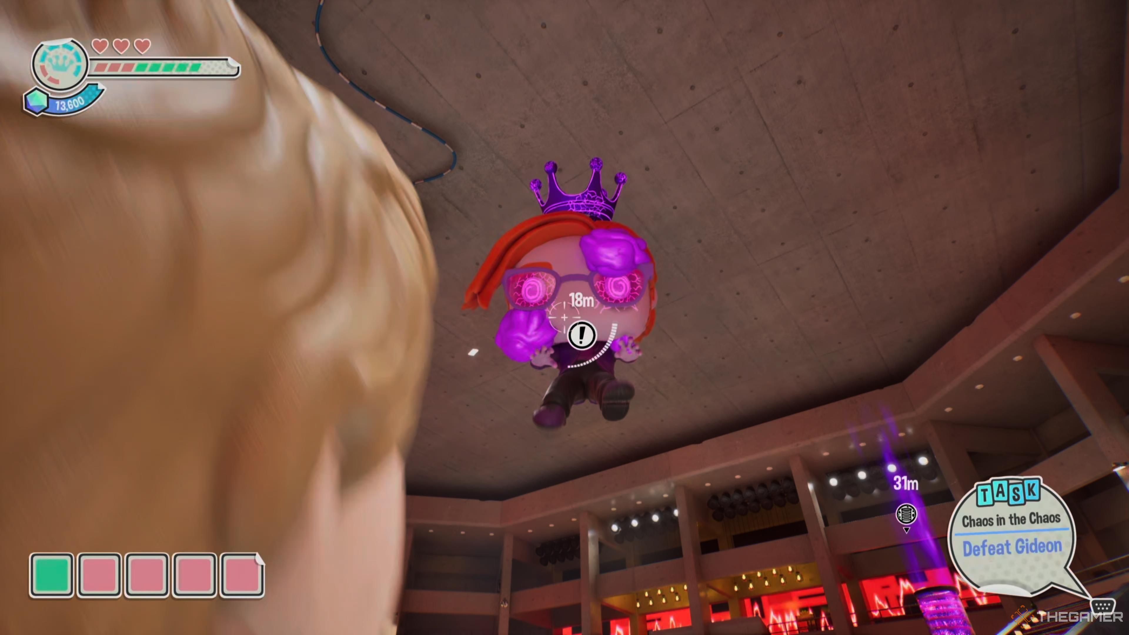 Gideon floats in the air as purple ooze globs are stuck on his face in Funko Fusion.