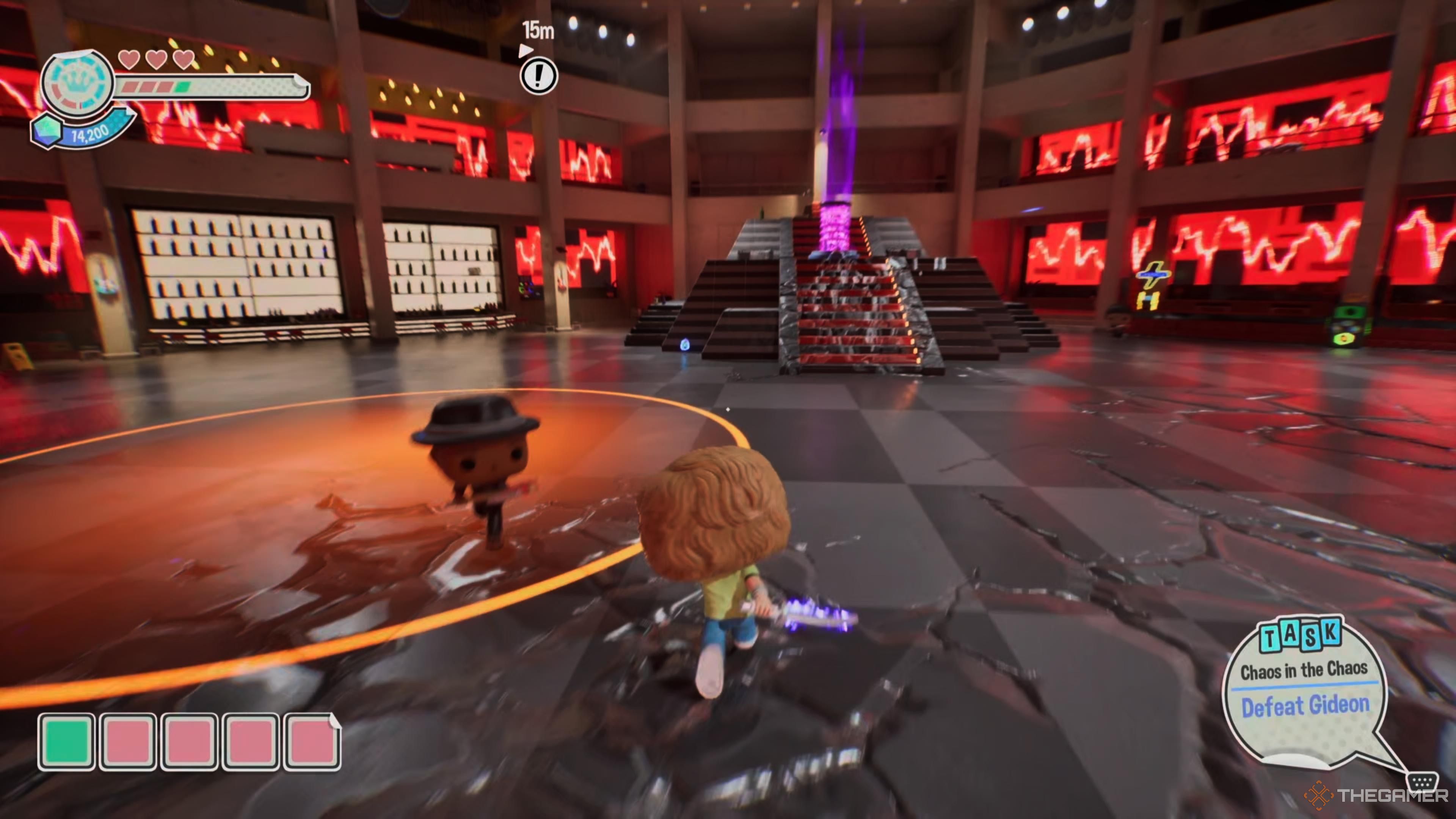 An orange circle on the ground indicates the location Gideon will slam down to hit Scott Pilgrim in Funko Fusion.