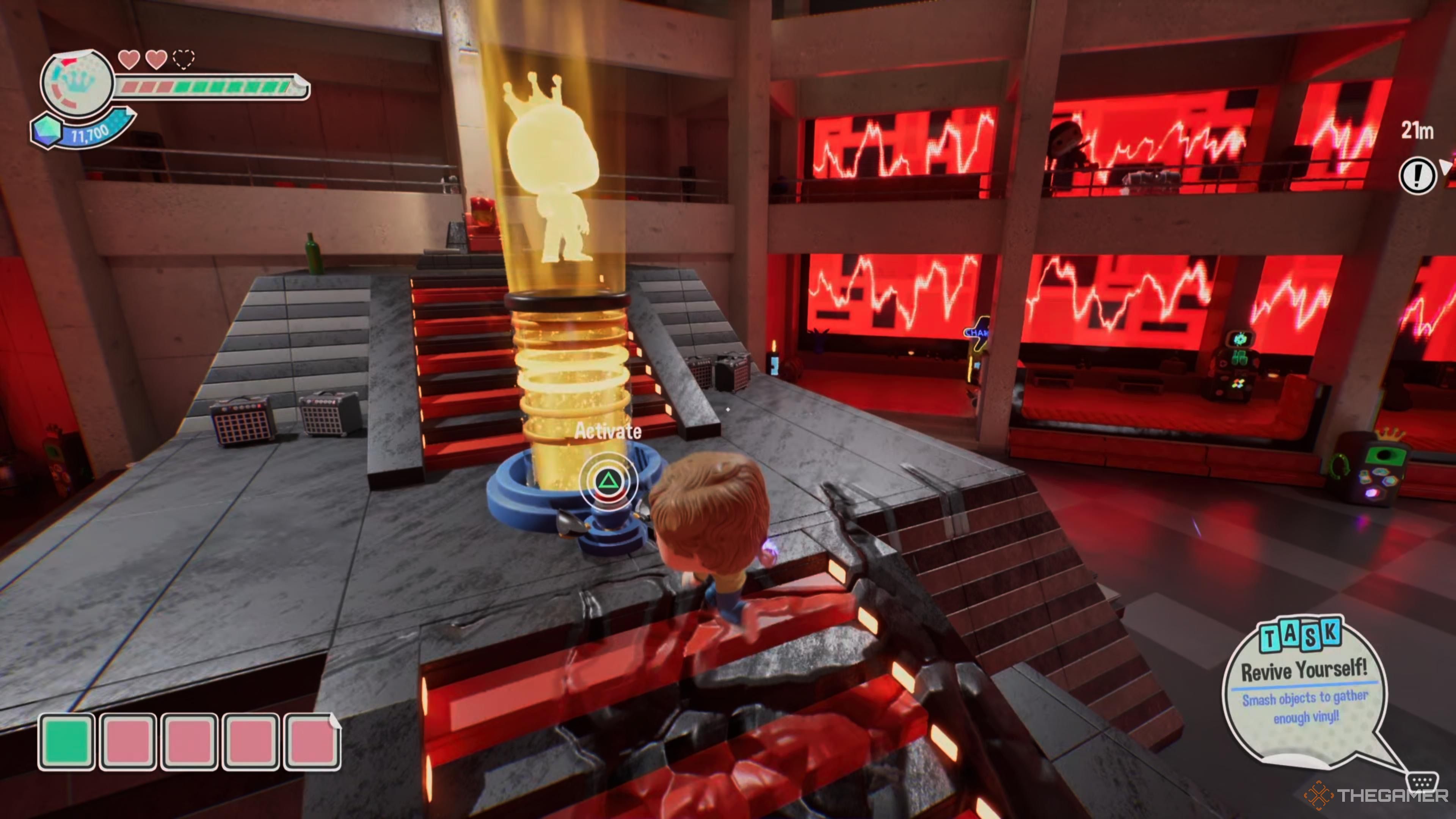 The completed tube glows golden as Scott Pilgrim interacts with it in Funko Fusion.