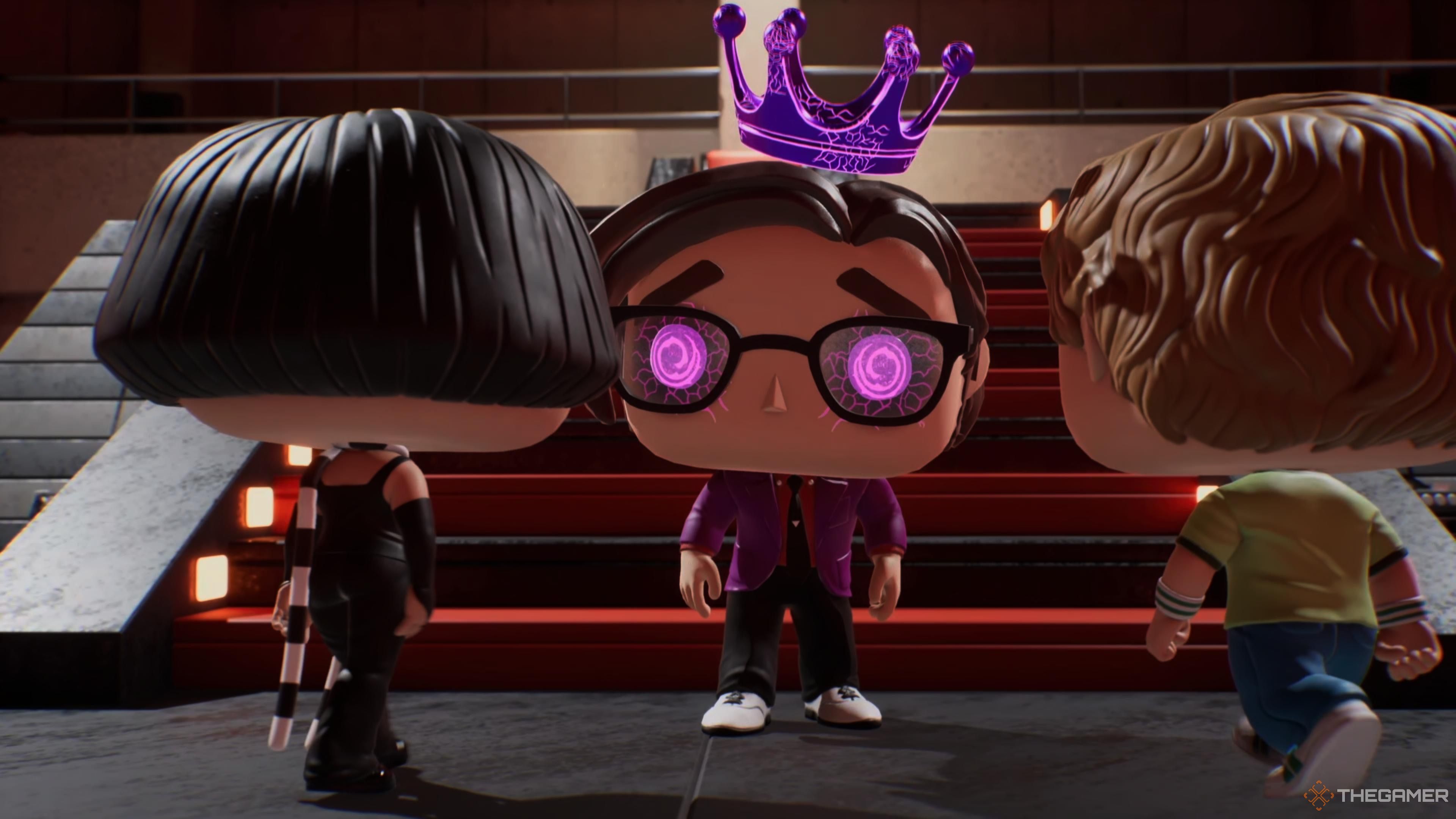 Scott Pilgrim and Knives Chau staring down Gideon in Funko Fusion.