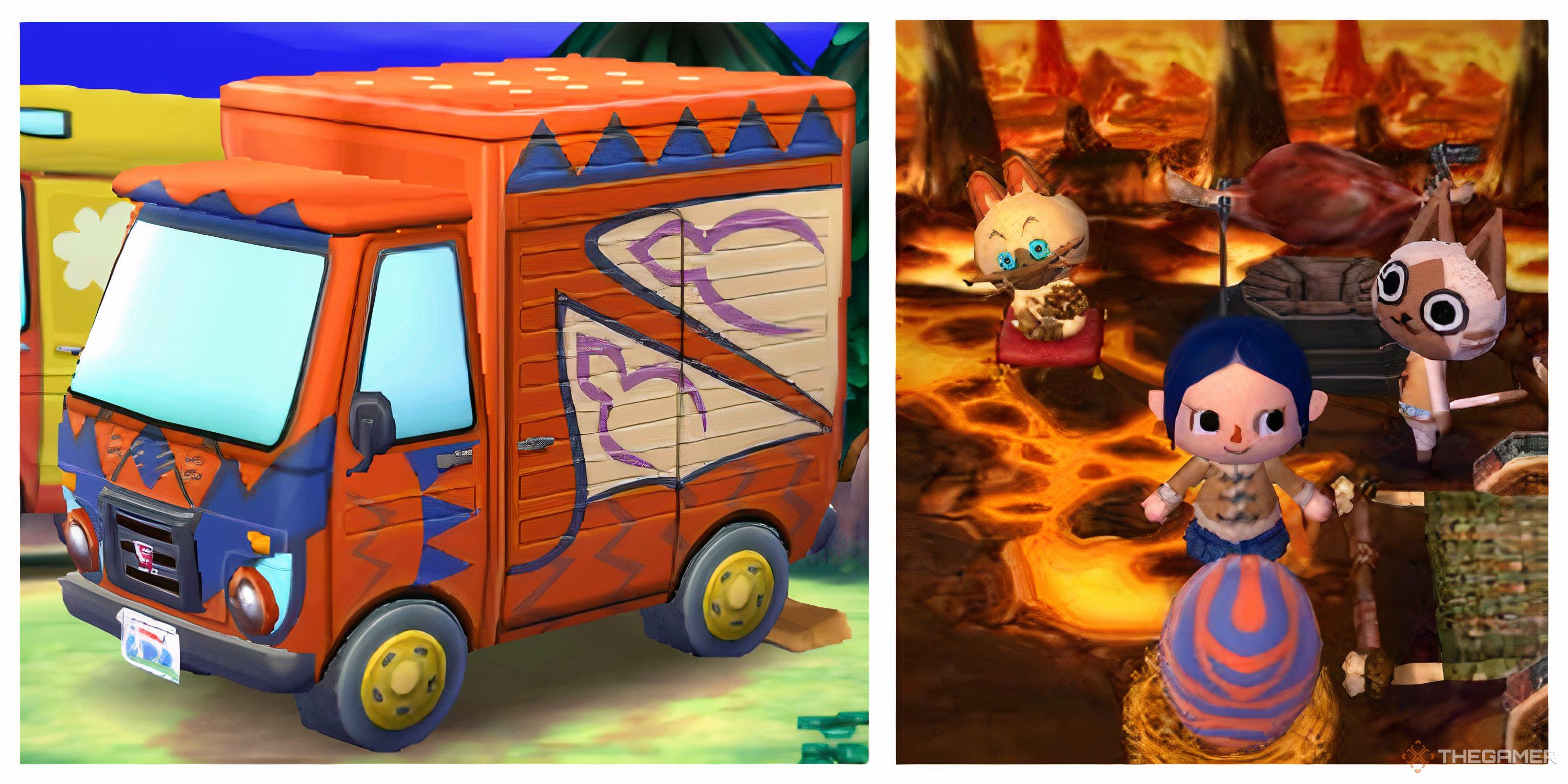 Interior and exterior view of Felyne's RV in Animal Crossing New Leaf.