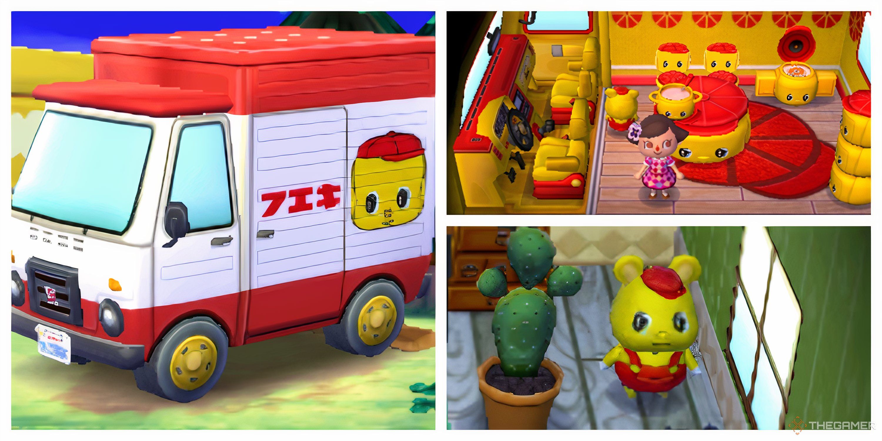 Interior and exterior views of Holden's RV and Holden himself from Animal Crossing New Leaf.