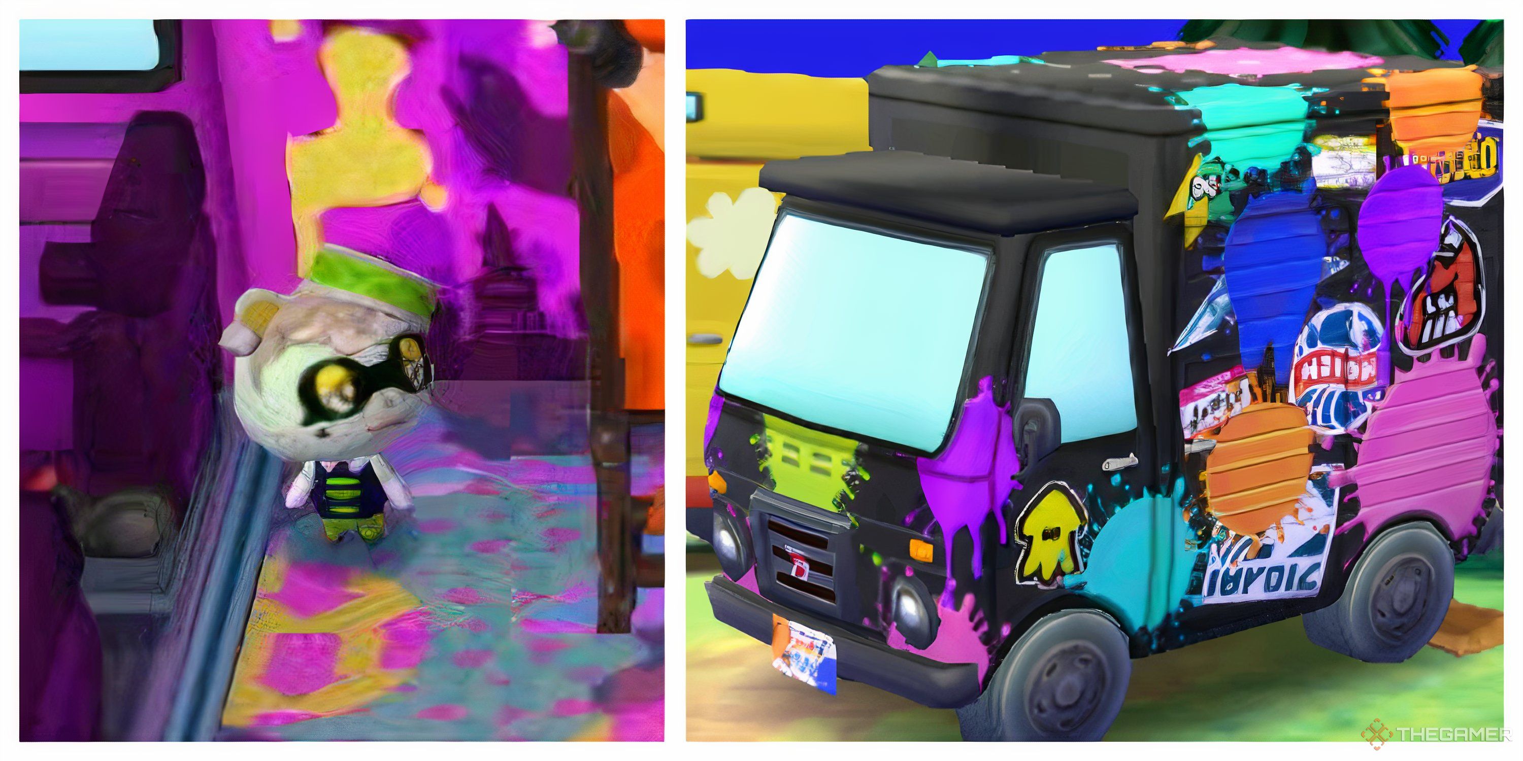 Interior and exterior of Viche's Camper in Animal Crossing New Leaf.