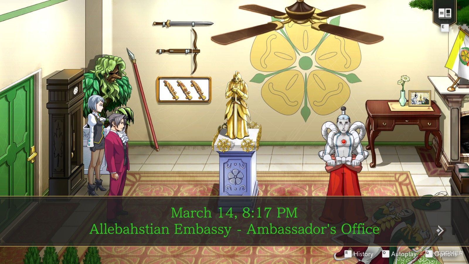 Investigating the Allebahstian Embassy in Ace Attorney Investigations Episode 5.