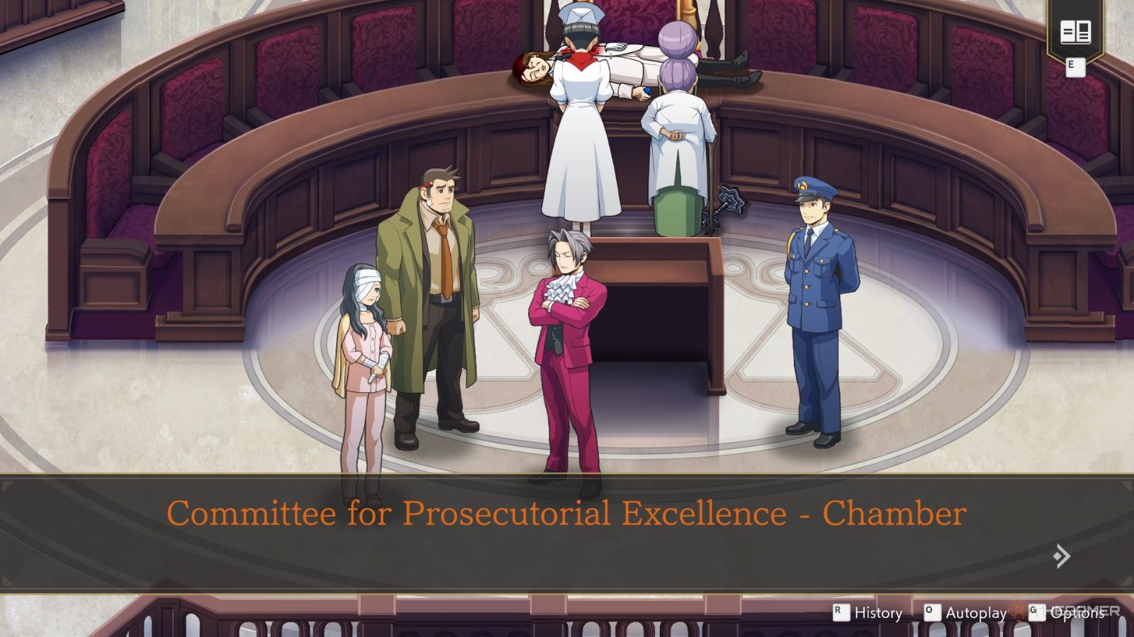 Investigating the Committee Chamber in Ace Attorney Investigations 2 Episode 4.