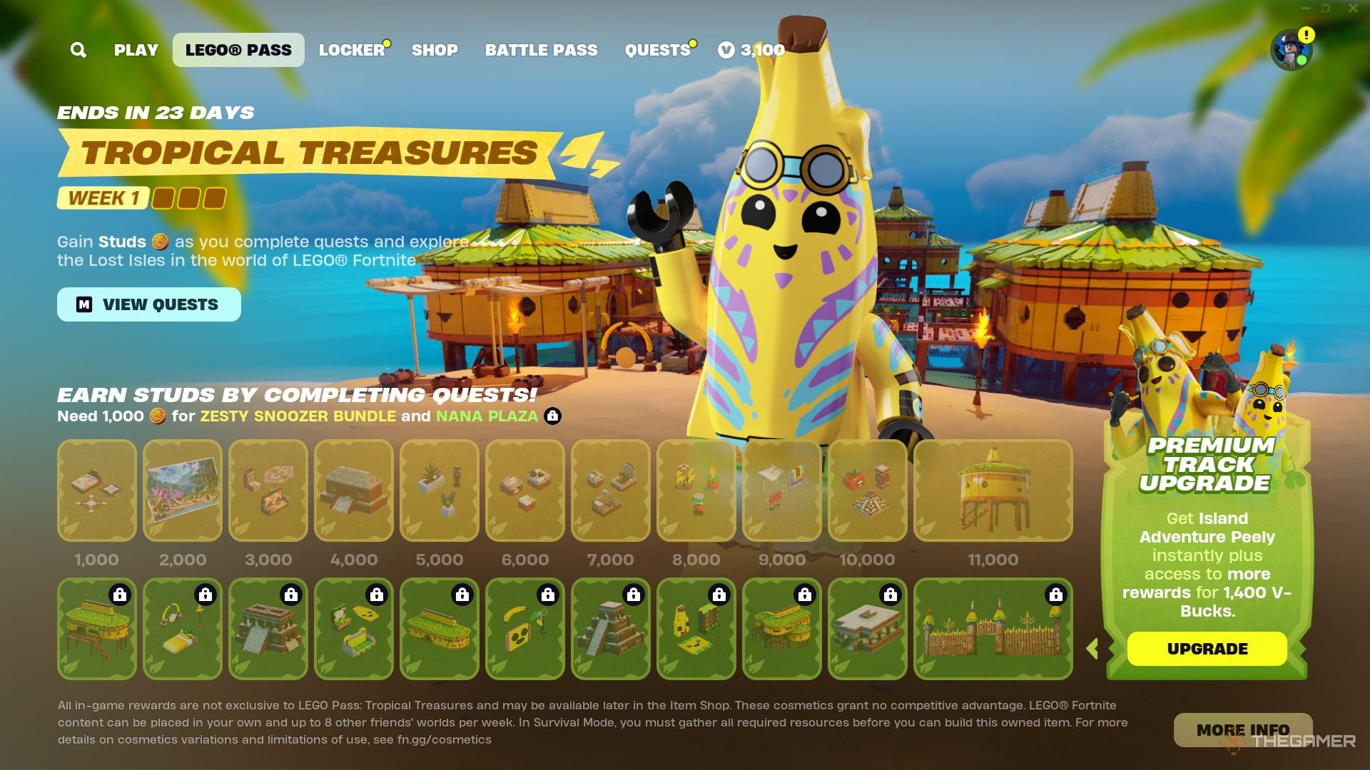 Screenshots of all Tropical Treasure rewards in Lego Fortnite.