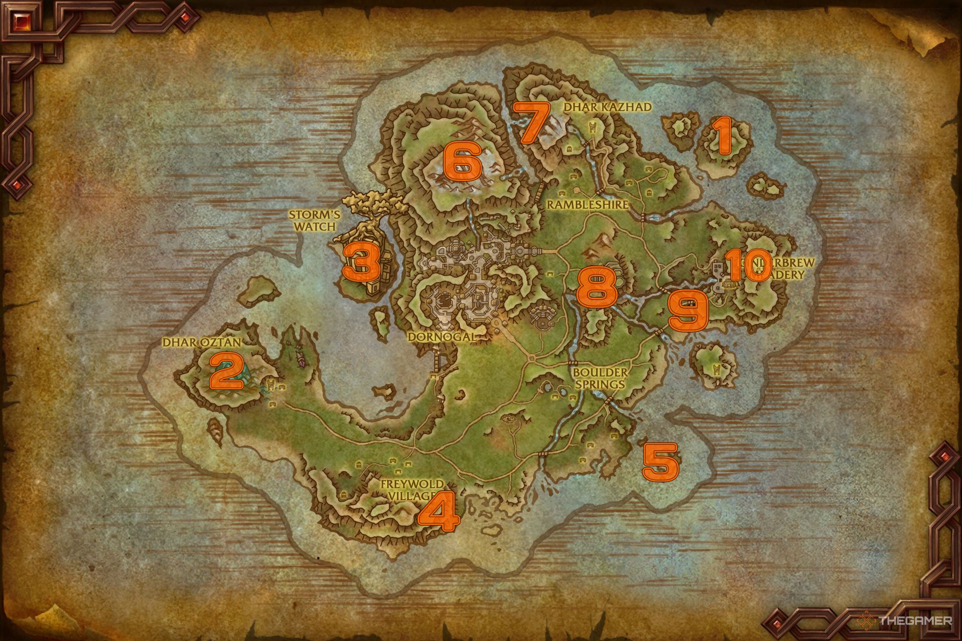 All Skyriding Glyphs in the Isle of Dorn numbered in World of Warcraft: The War Within.