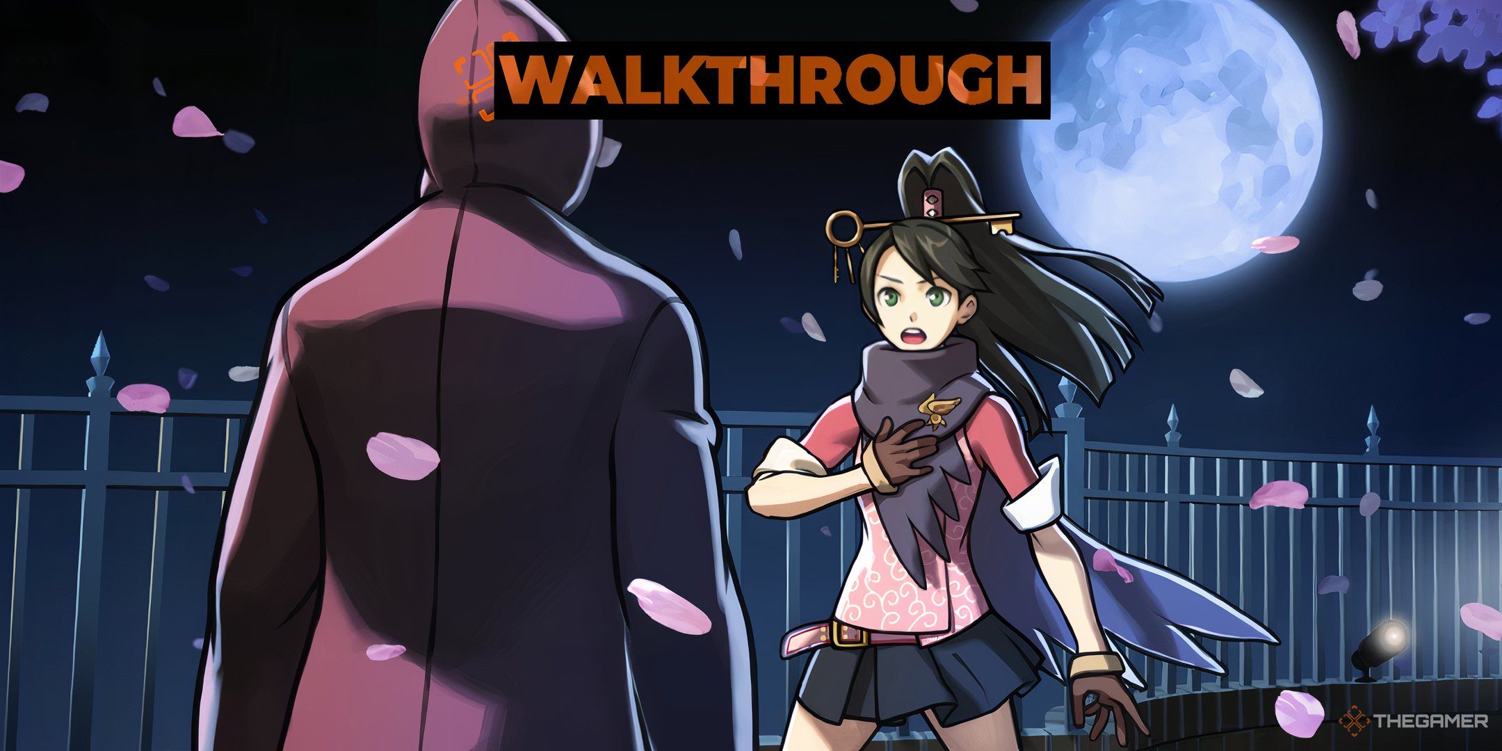 Kay meeting a red hooded person in Ace Attorney Investigations 2 with the walkthough logo overlaid.