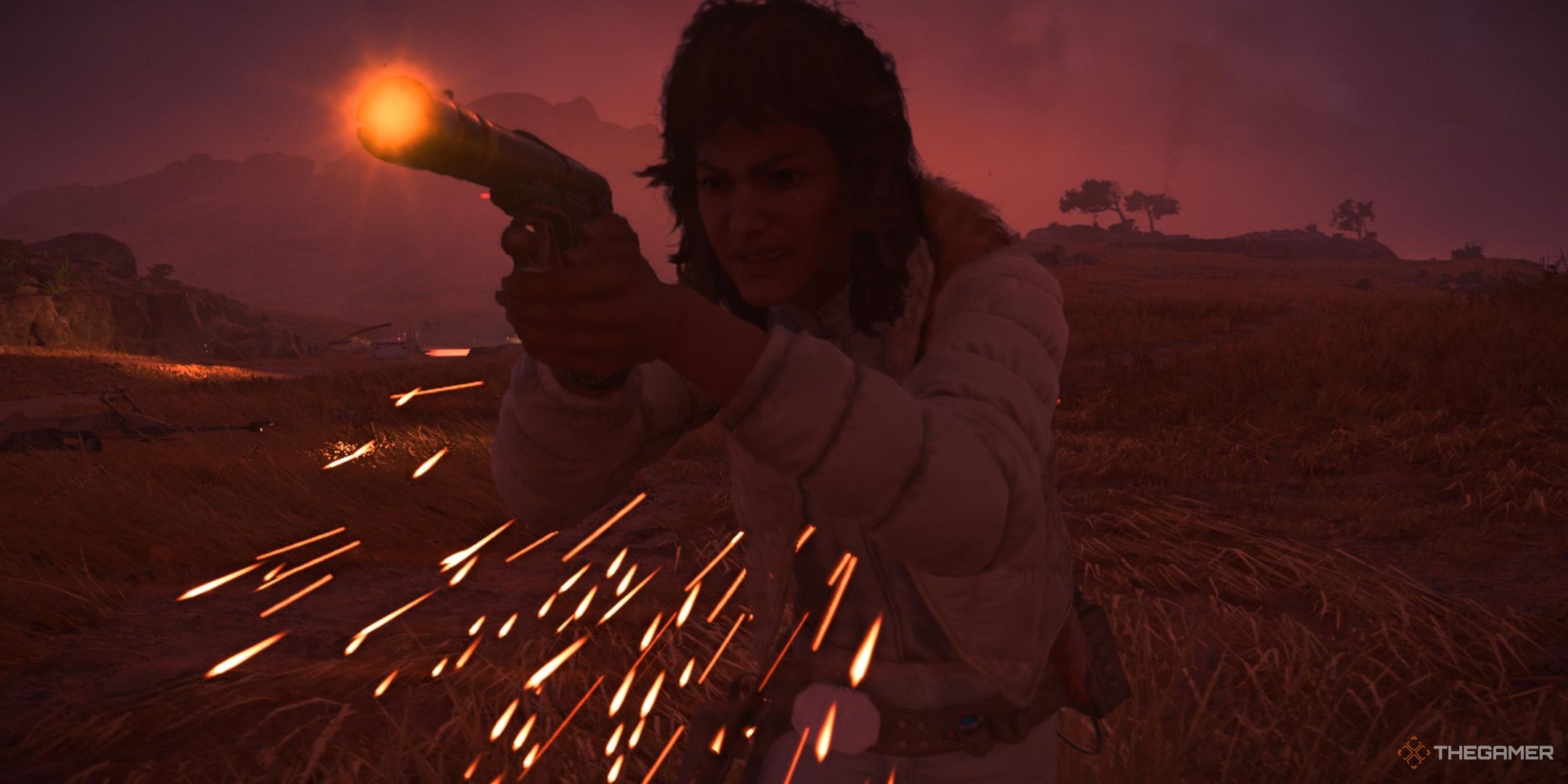 Kay with a charged blaster shot in Star Wars Outlaws.