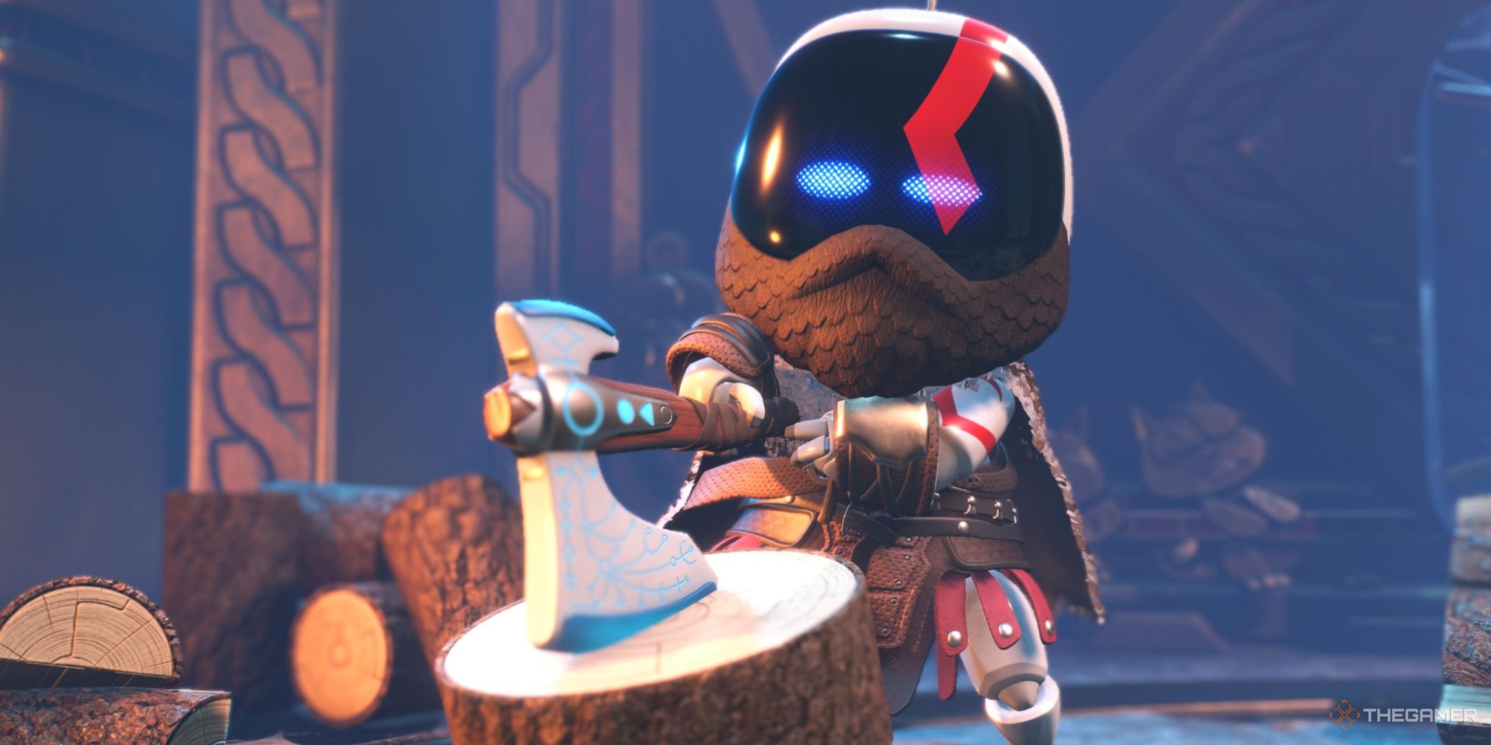 A bot dressed as Kratos, from God of War, in Astro Bot.