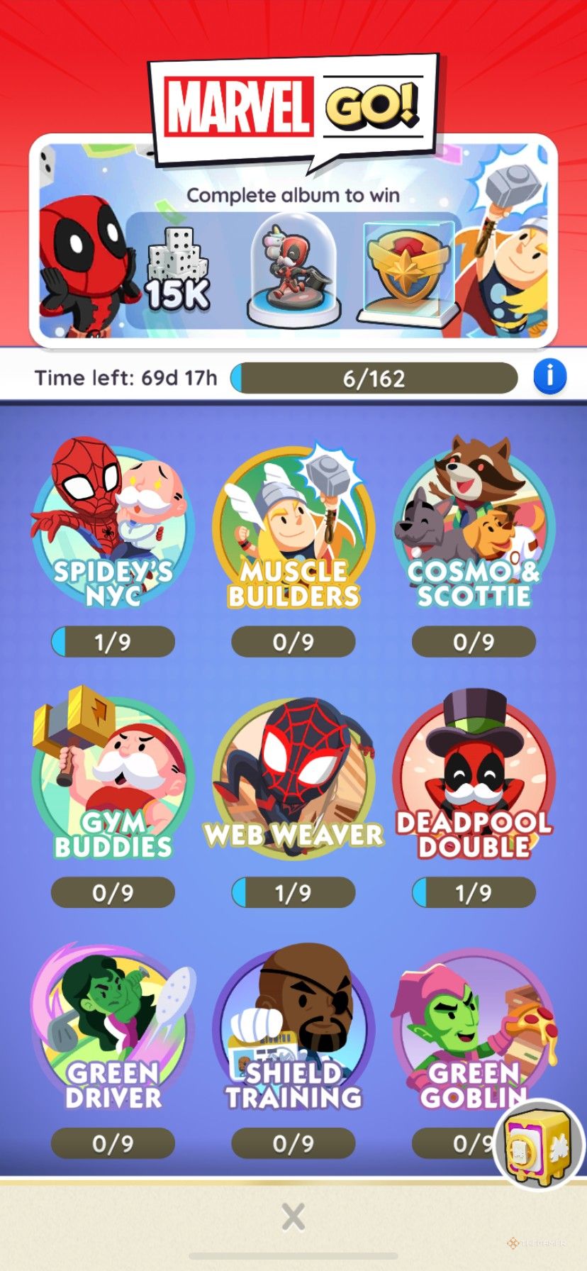 Marvel Go sticker album overview in Monopoly Go.