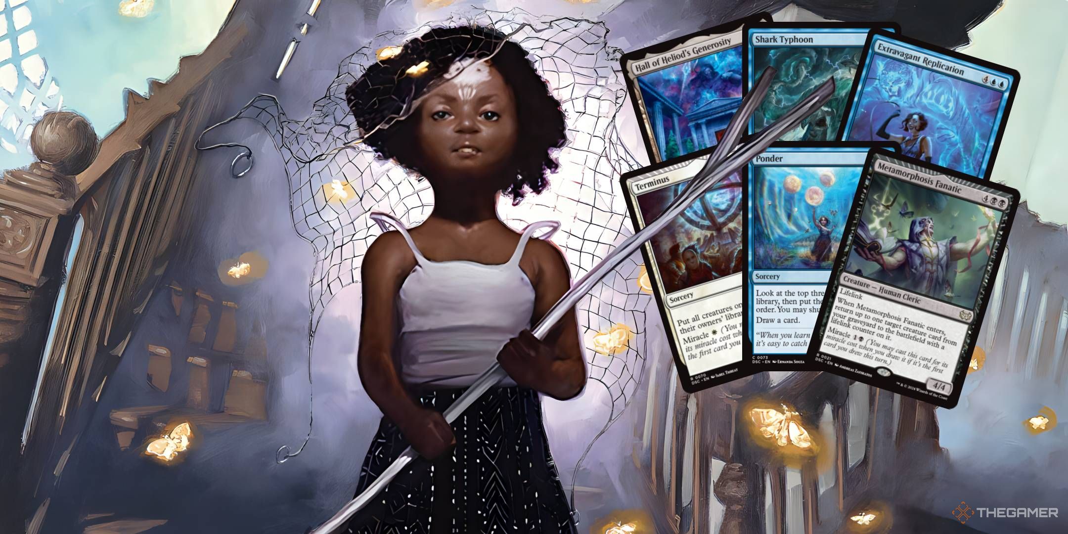 Aminatou holds her staff in front of some key cards in the Miracle Worker deck.