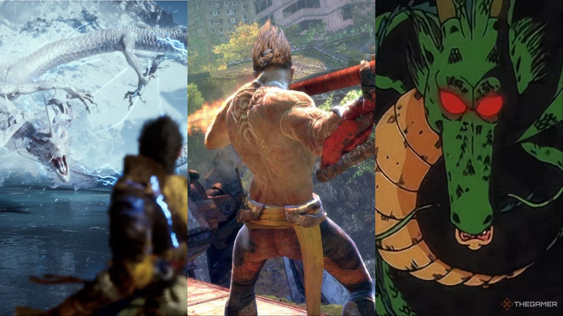 Wukong facing Jin Long in Black myth, Monkey in Enslaved Odyssey to the west, and Shenron in Dragon Ball.