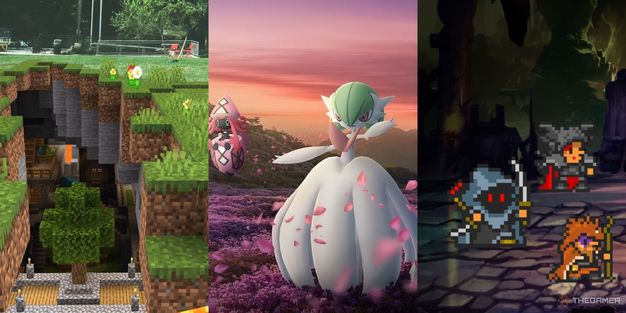 Ar gameplay from Minecraft Earth. Mega Gardevoir in Pokemon Go art, and characters in combat from Orna.