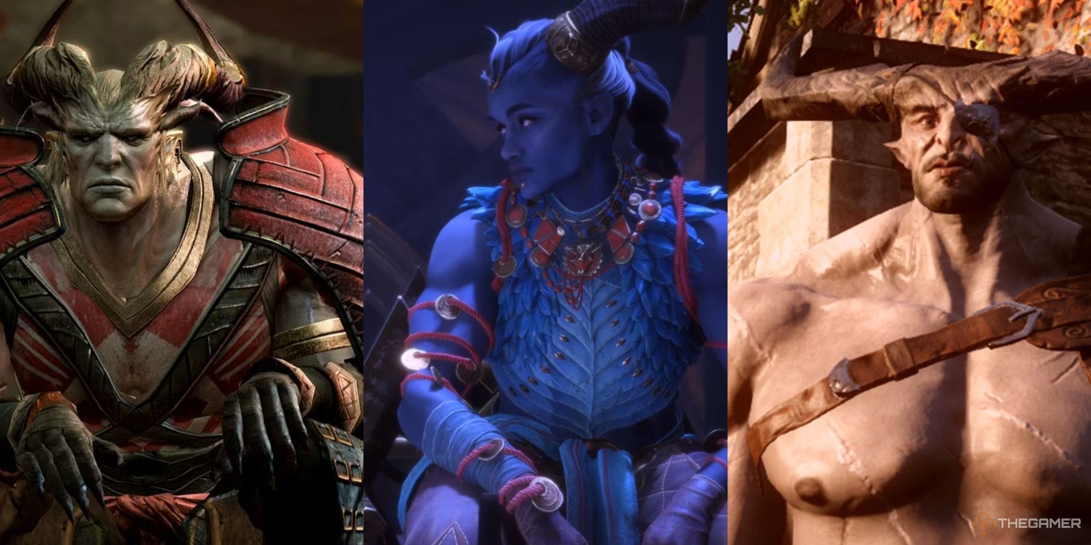 The Arishok in Dragon Age 2 sat down, Taash looking to the left in The Veilguard, and Iron Bull in Inquisition, left to right.