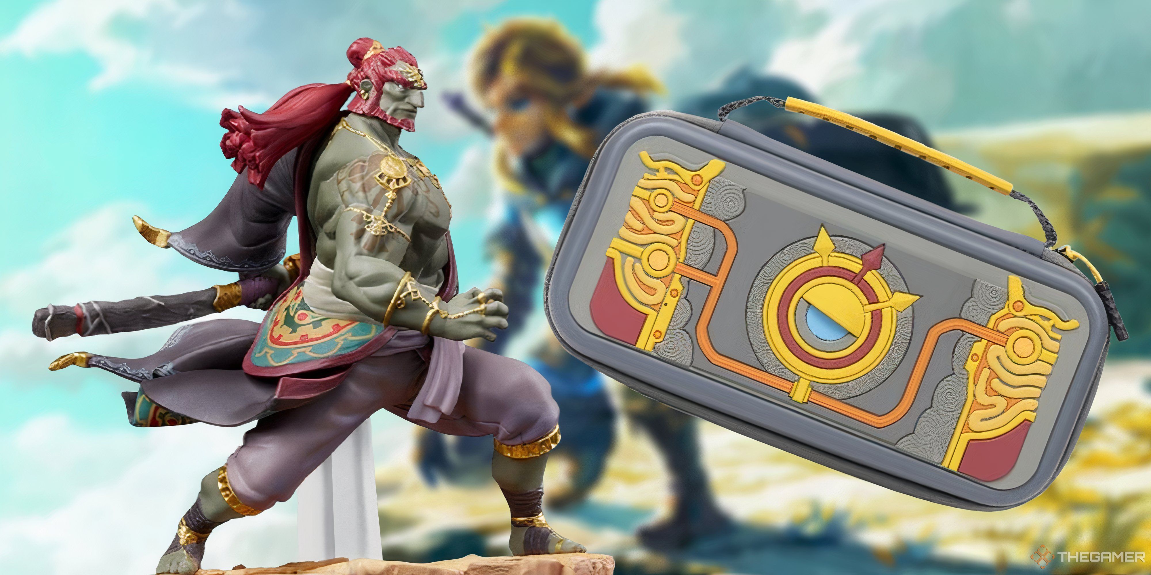 ganondorf amiibo and purah pad carry case on a tears of the kingdom background