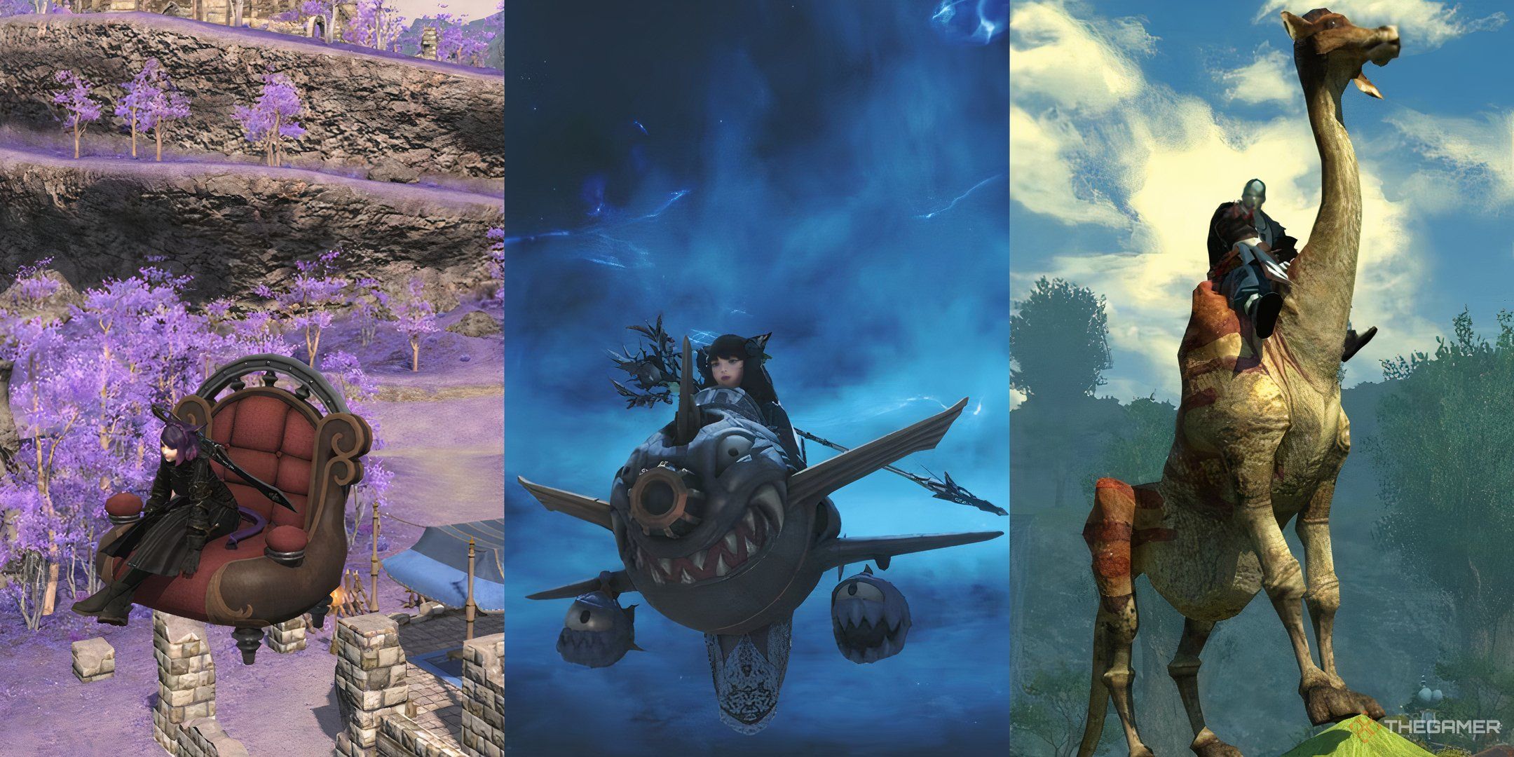 A collage showing three different mounts in FF14.