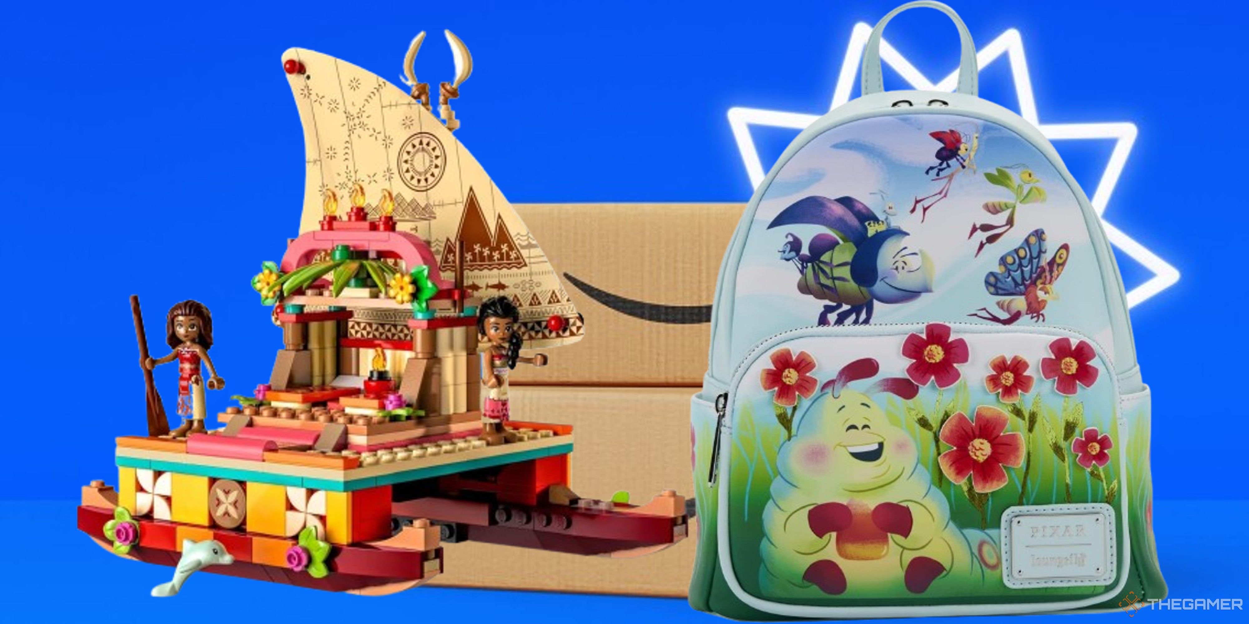 moana lego set and bug's life loungefly backpack on an amazon packages background