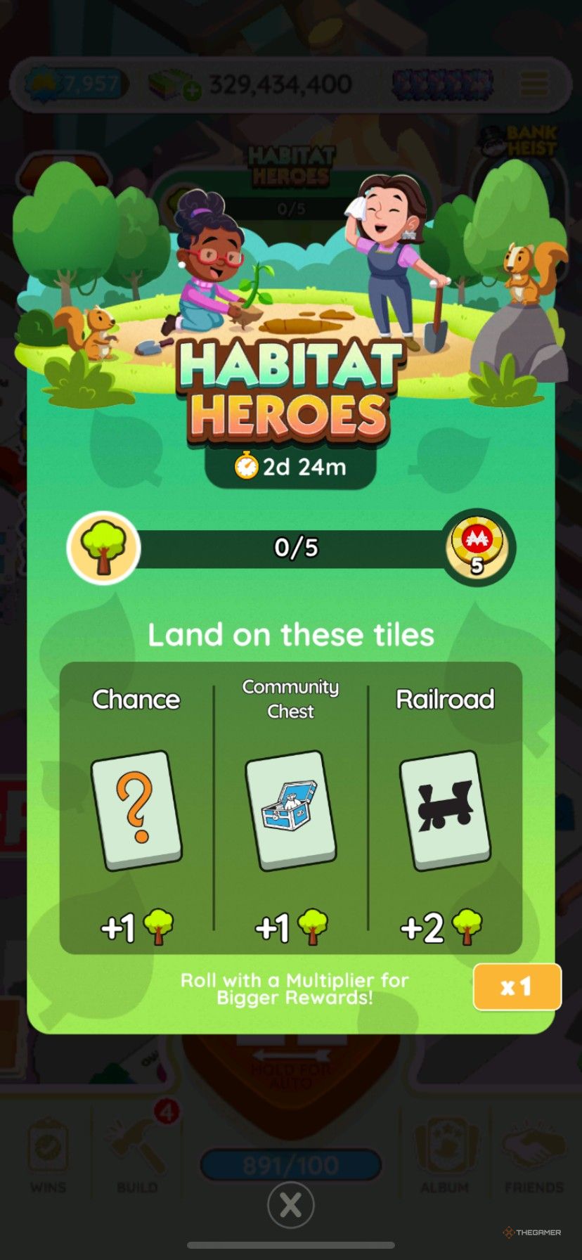 Monopoly Go Habitat Heroes start screen showing the points breakdown.
