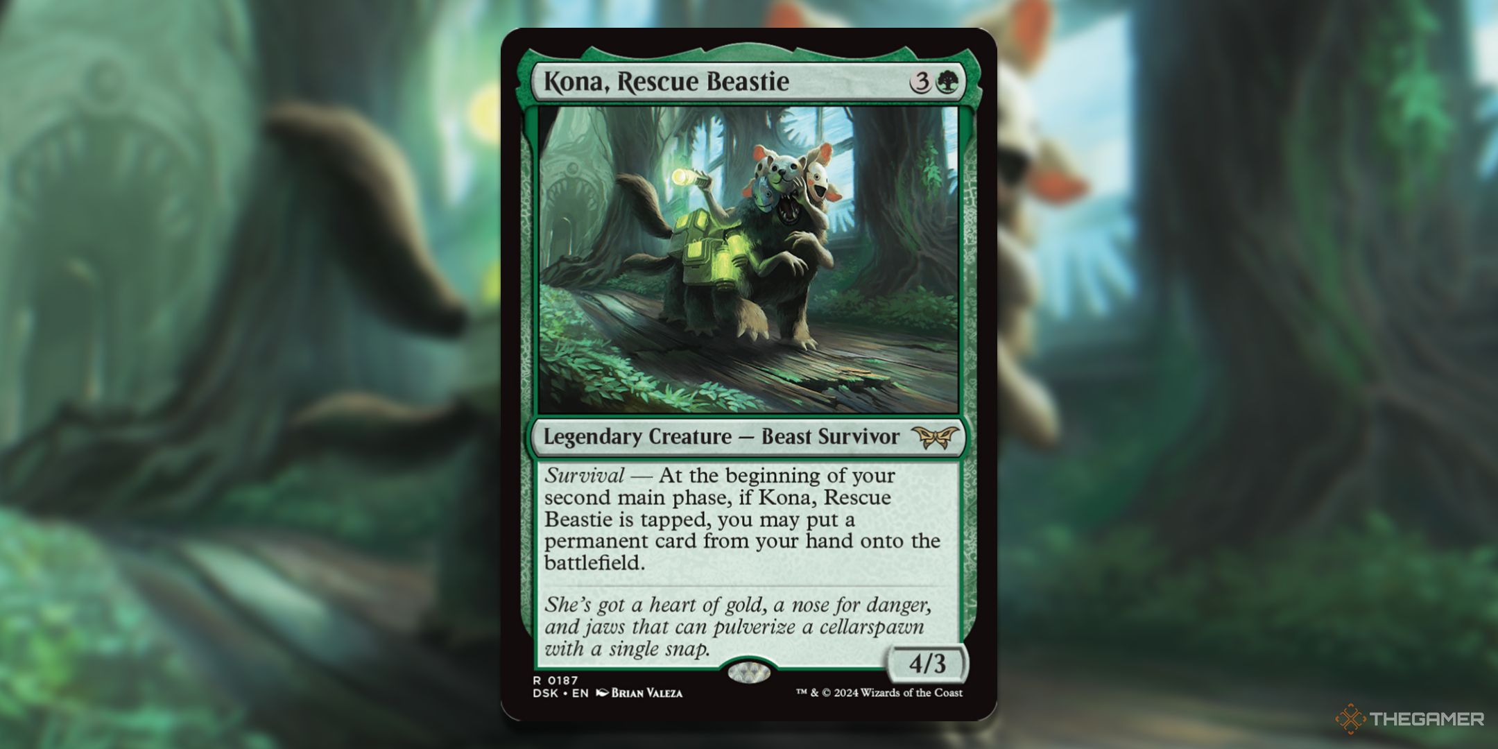 MTG Kona Rescue Beastie card with art behind it