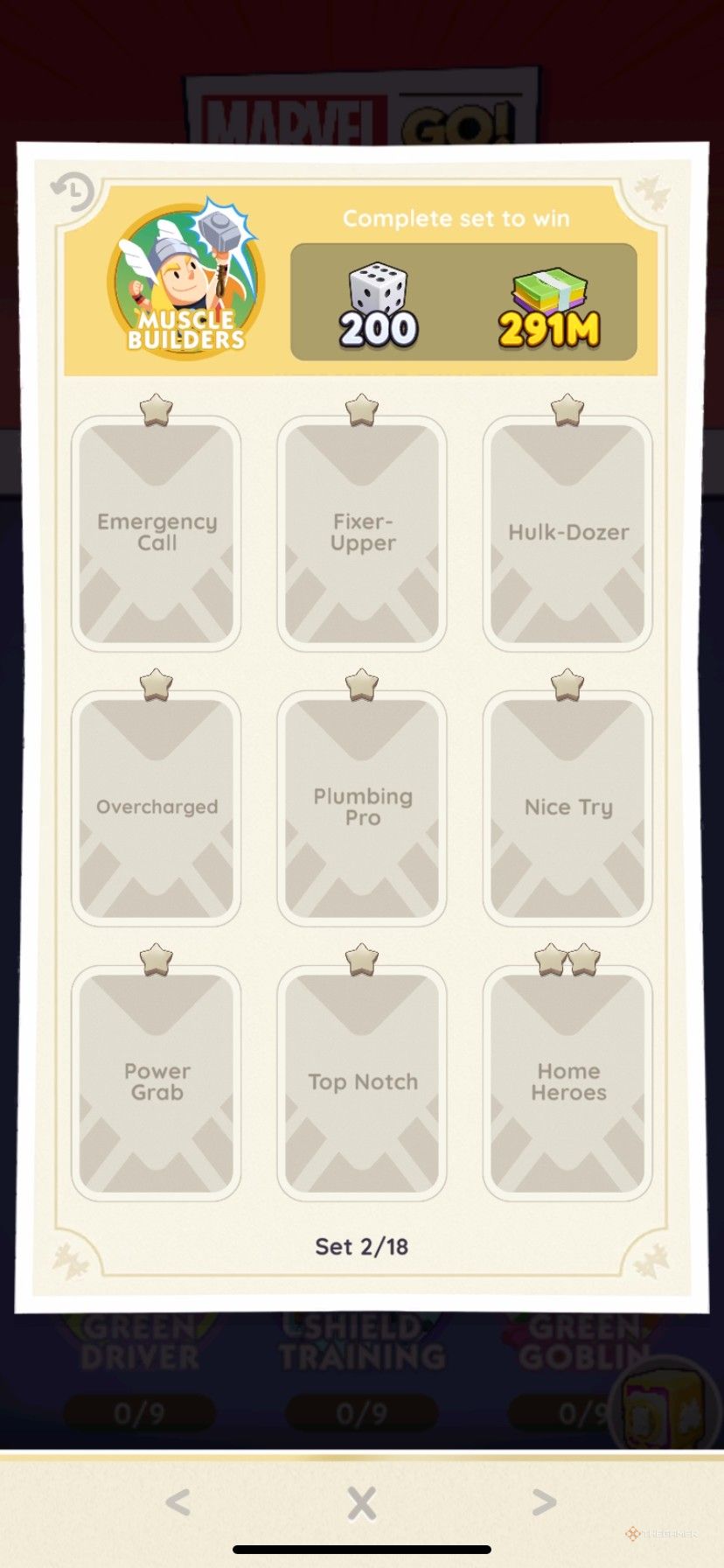 Muscle Builders sticker album in Monopoly Go in Marvel Go.