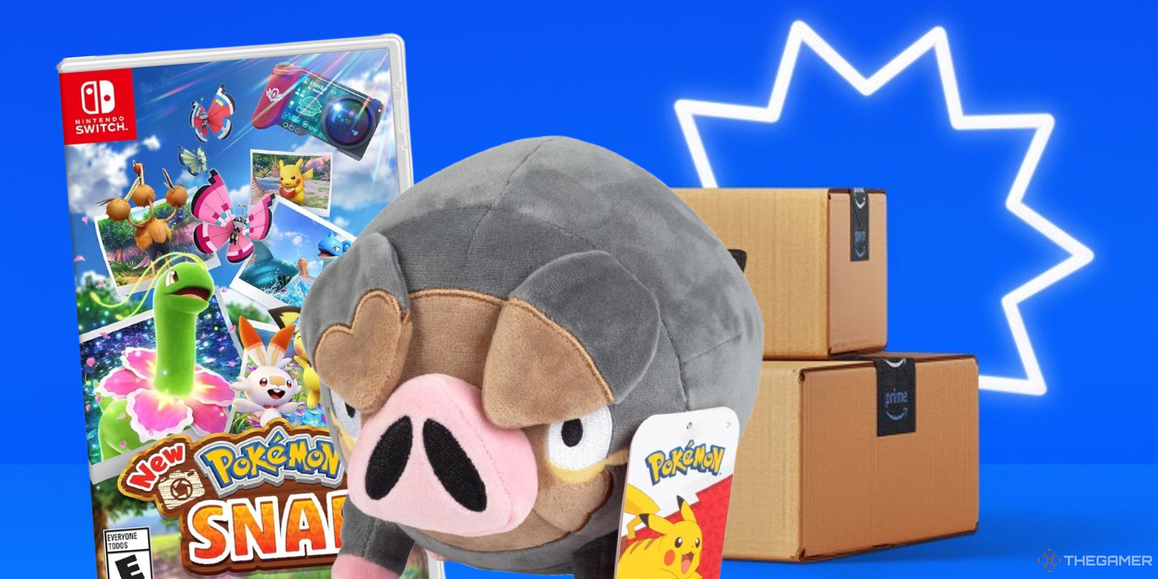 new pokemon snap and a lechonk plush in front of some amazon packages